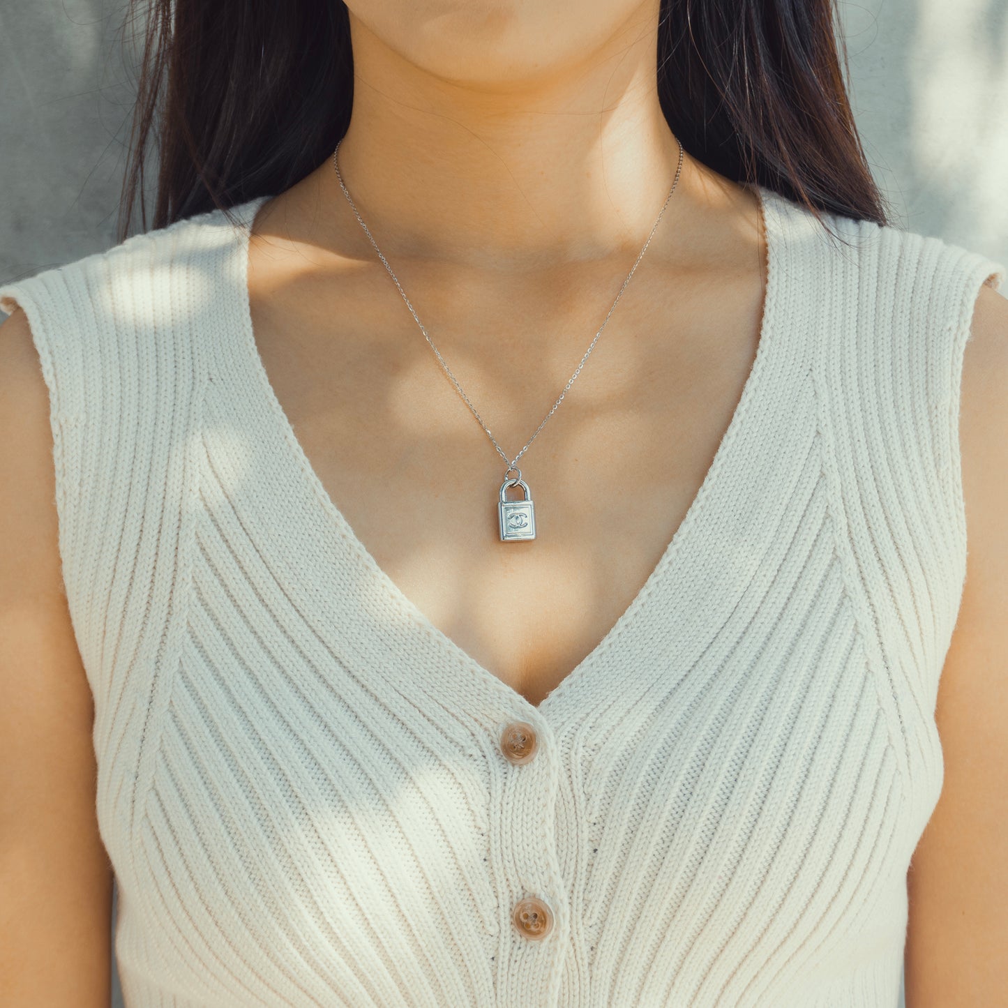 Repurposed Authentic Designer Button Rhodium Necklace