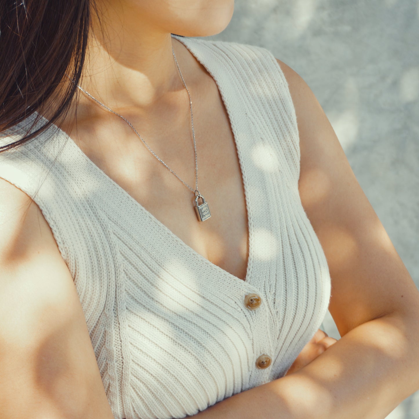 Repurposed Authentic Designer Button Rhodium Necklace