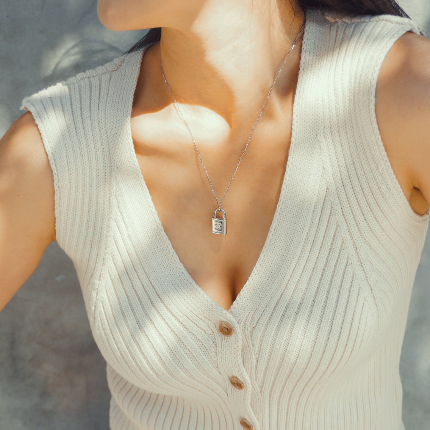 Repurposed Authentic Designer Button Rhodium Necklace