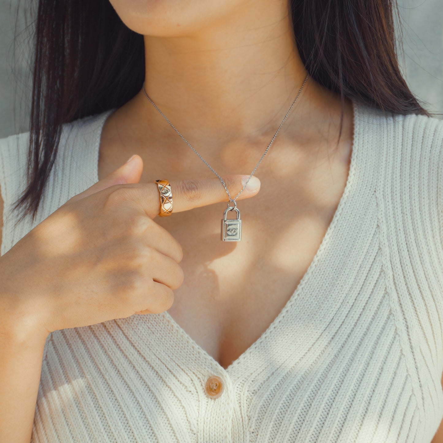 Repurposed Authentic Designer Button Rhodium Necklace
