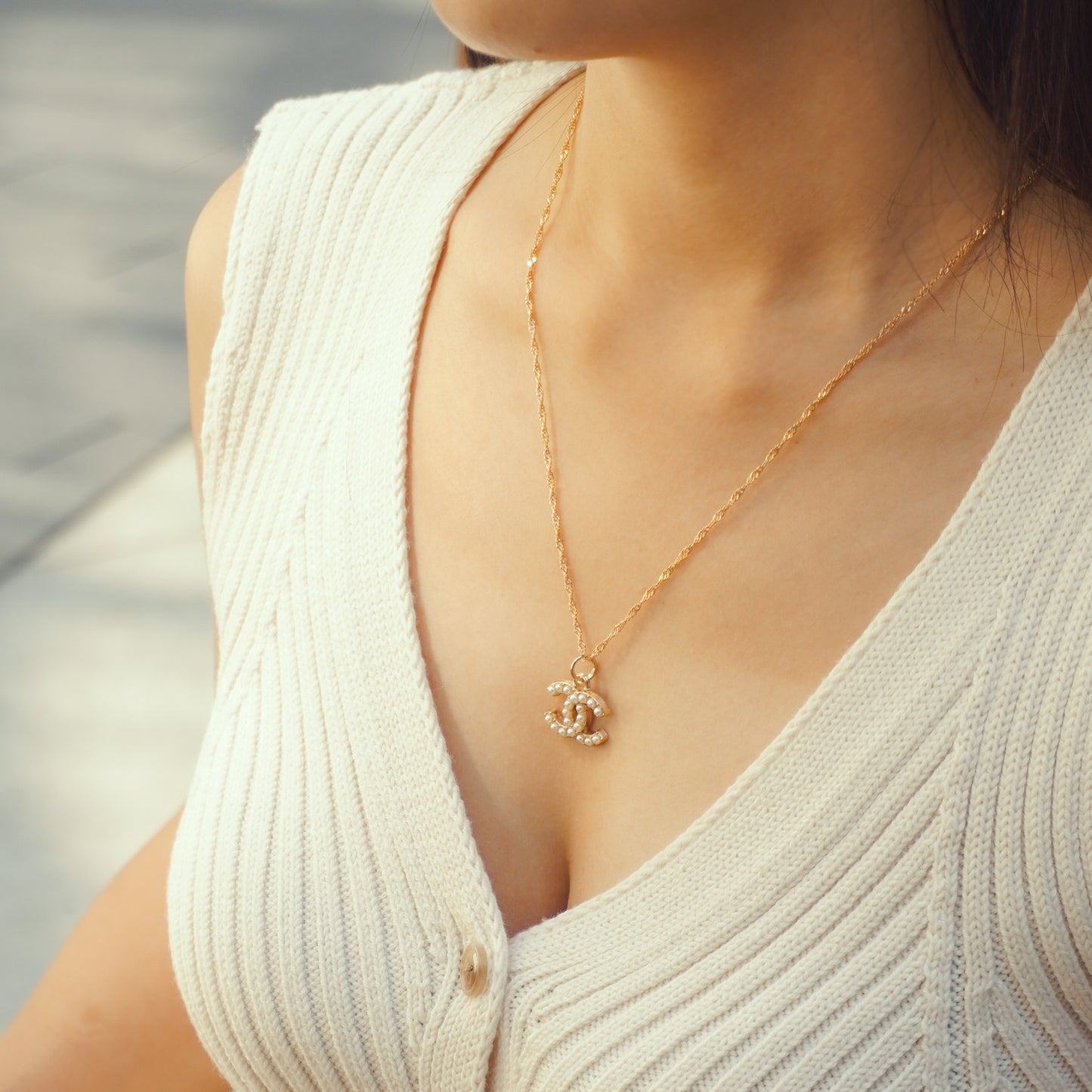 Repurposed Authentic Designer Pearl Button Gold Plated Necklace