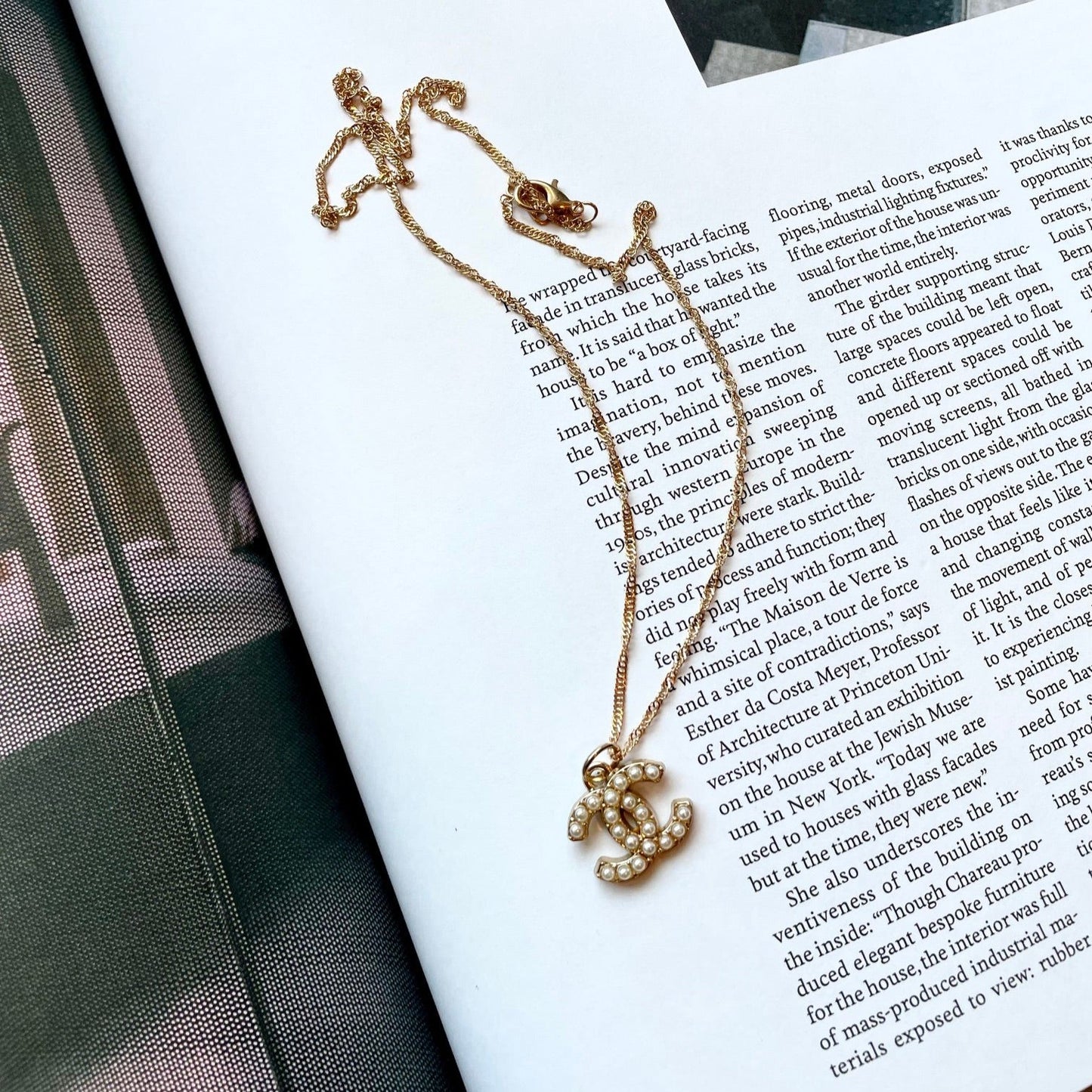 Repurposed Authentic Designer Pearl Button Gold Plated Necklace