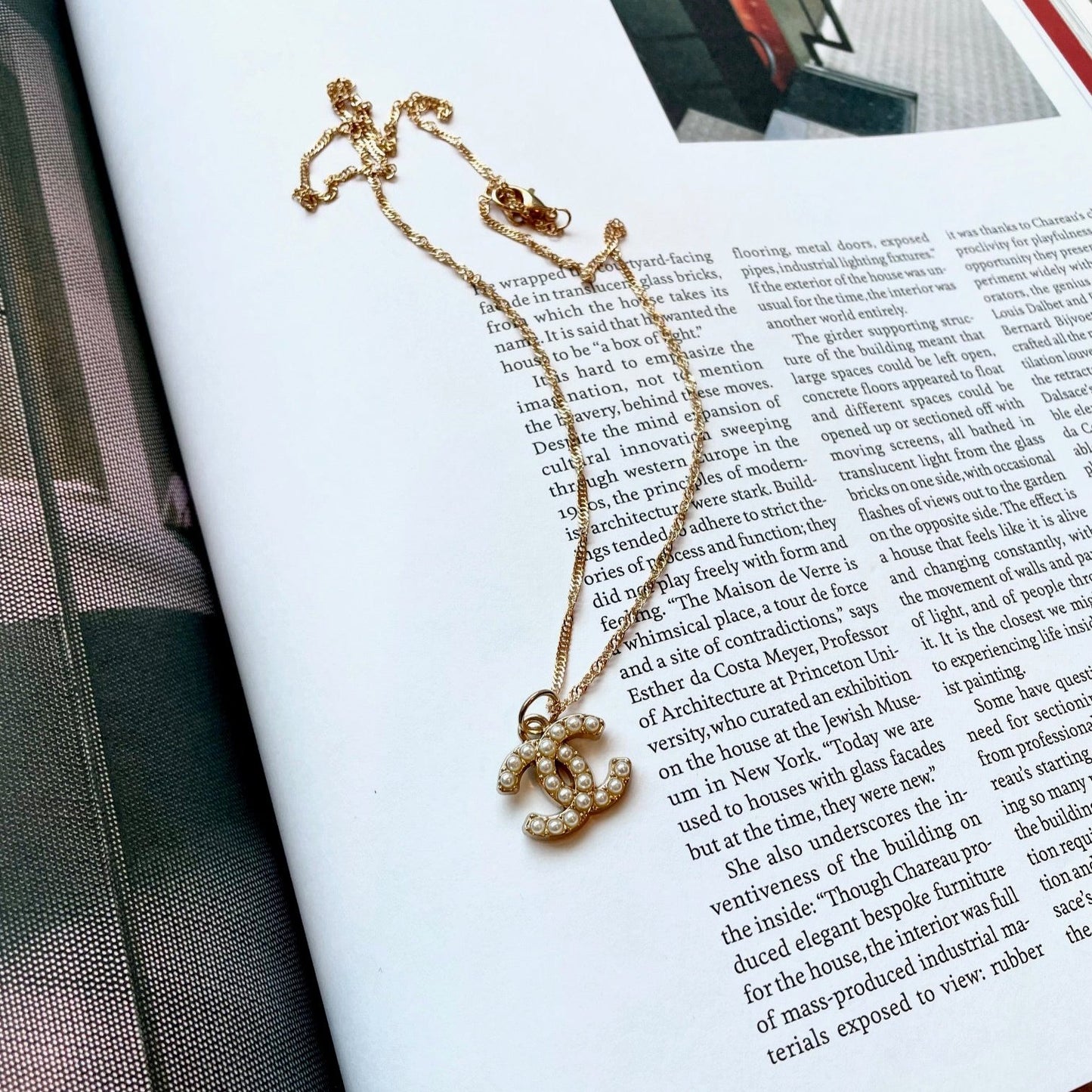 Repurposed Authentic Designer Pearl Button Gold Plated Necklace