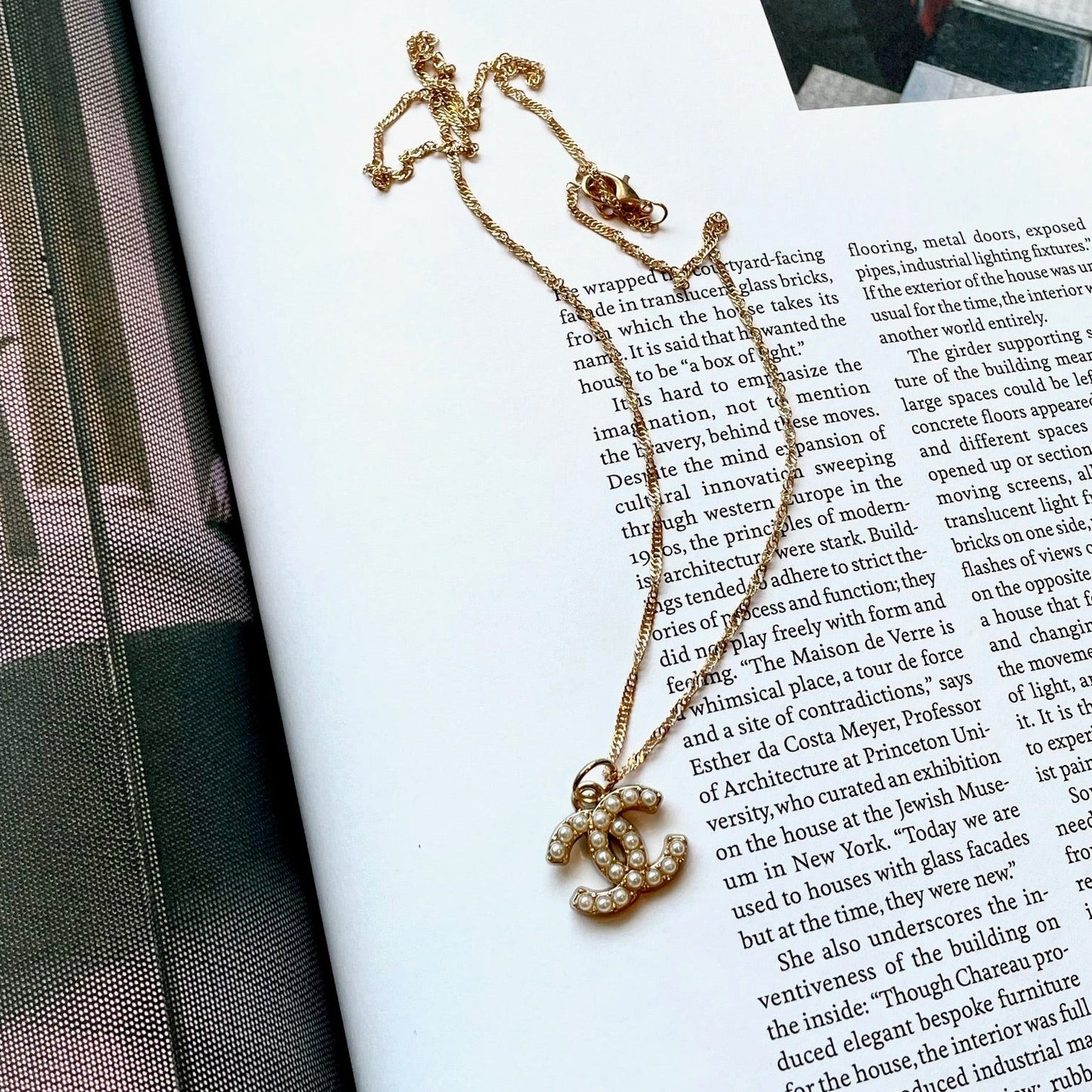 Repurposed Authentic Designer Pearl Button Gold Plated Necklace