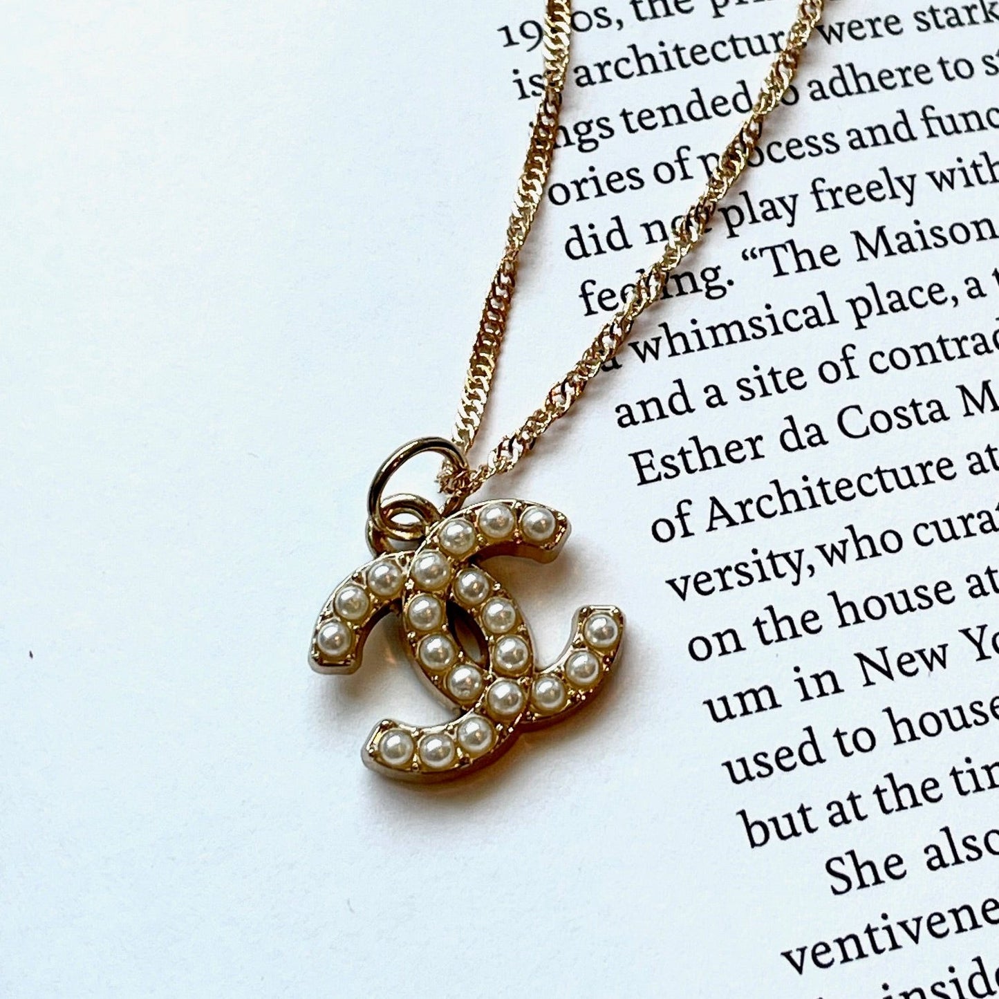 Repurposed Authentic Designer Pearl Button Gold Plated Necklace