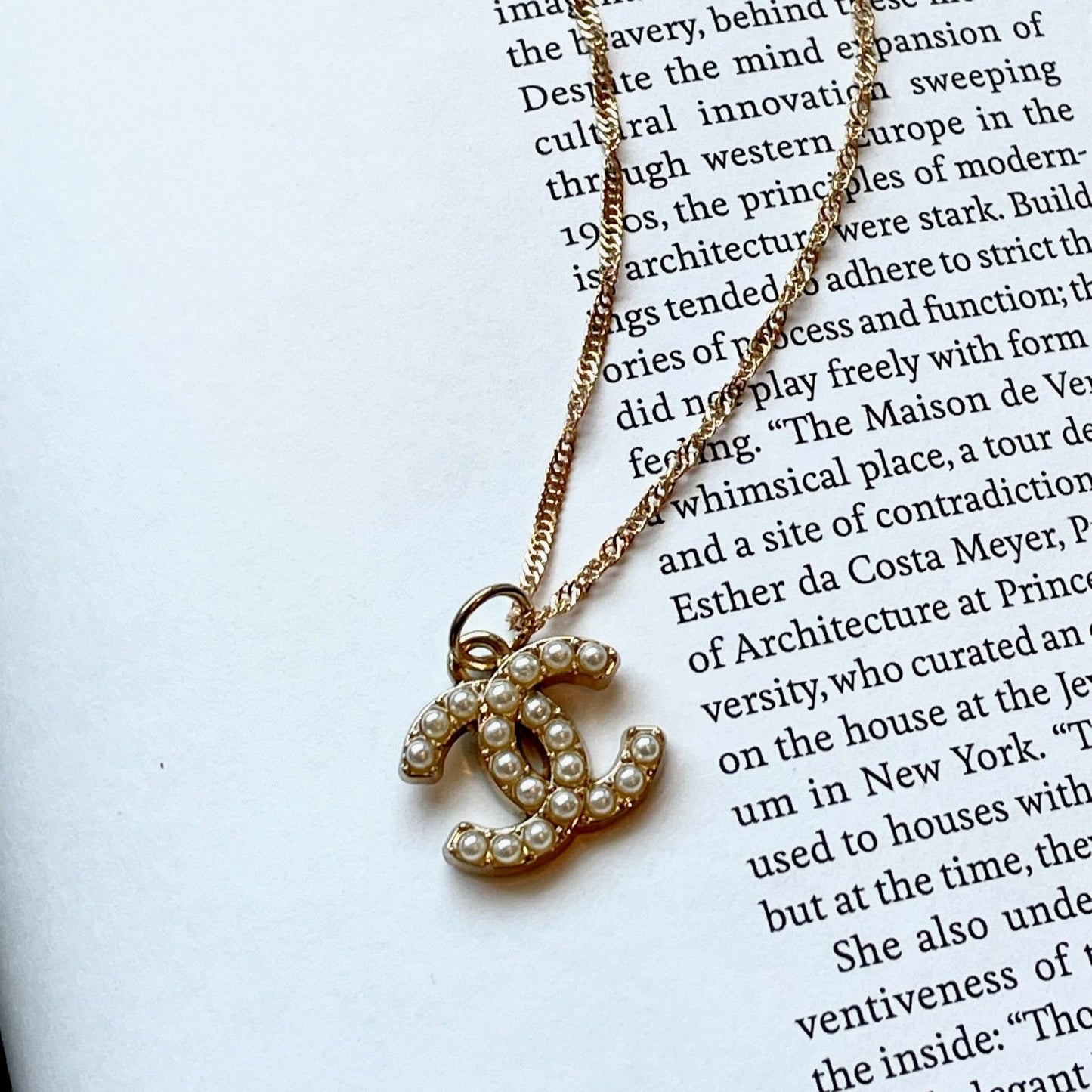 Repurposed Authentic Designer Pearl Button Gold Plated Necklace