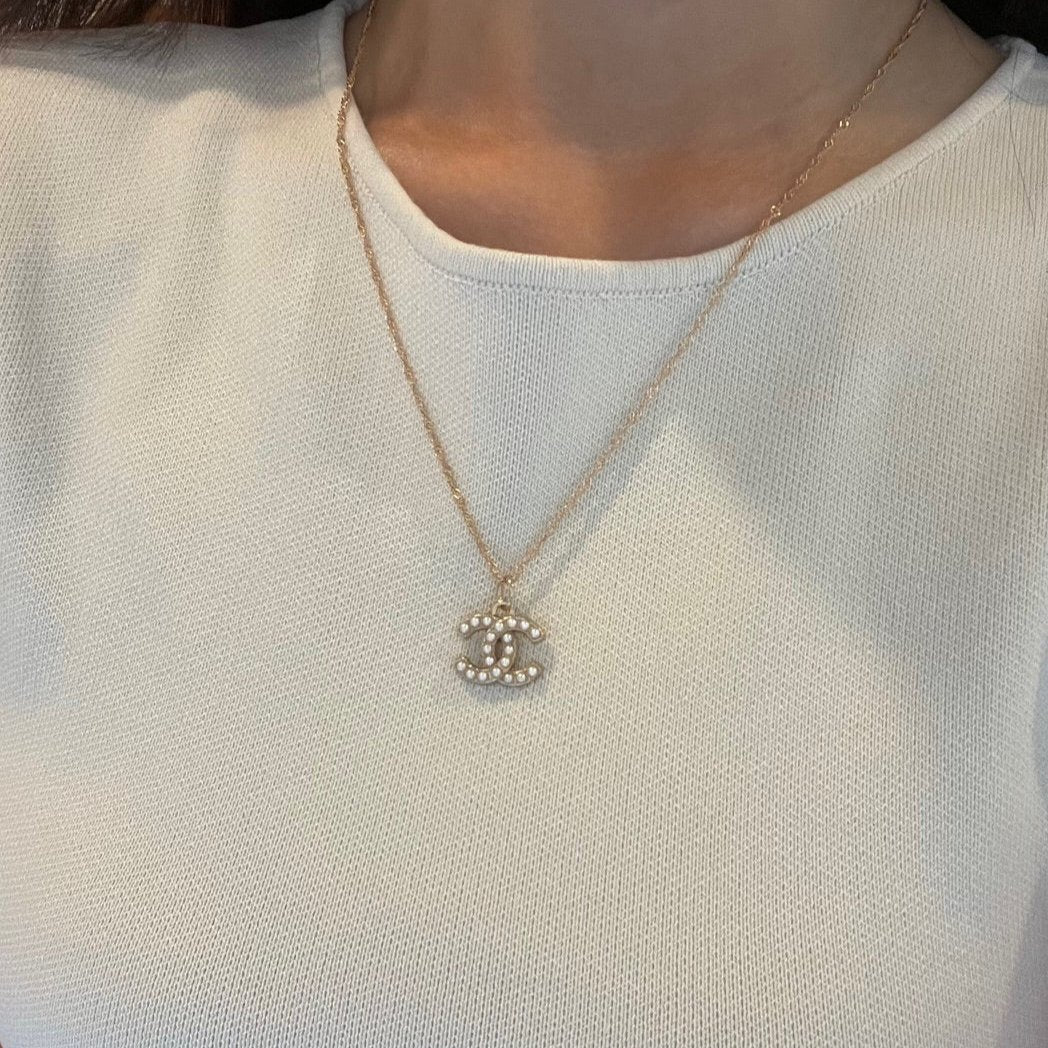 Repurposed Authentic Designer Pearl Button Gold Plated Necklace