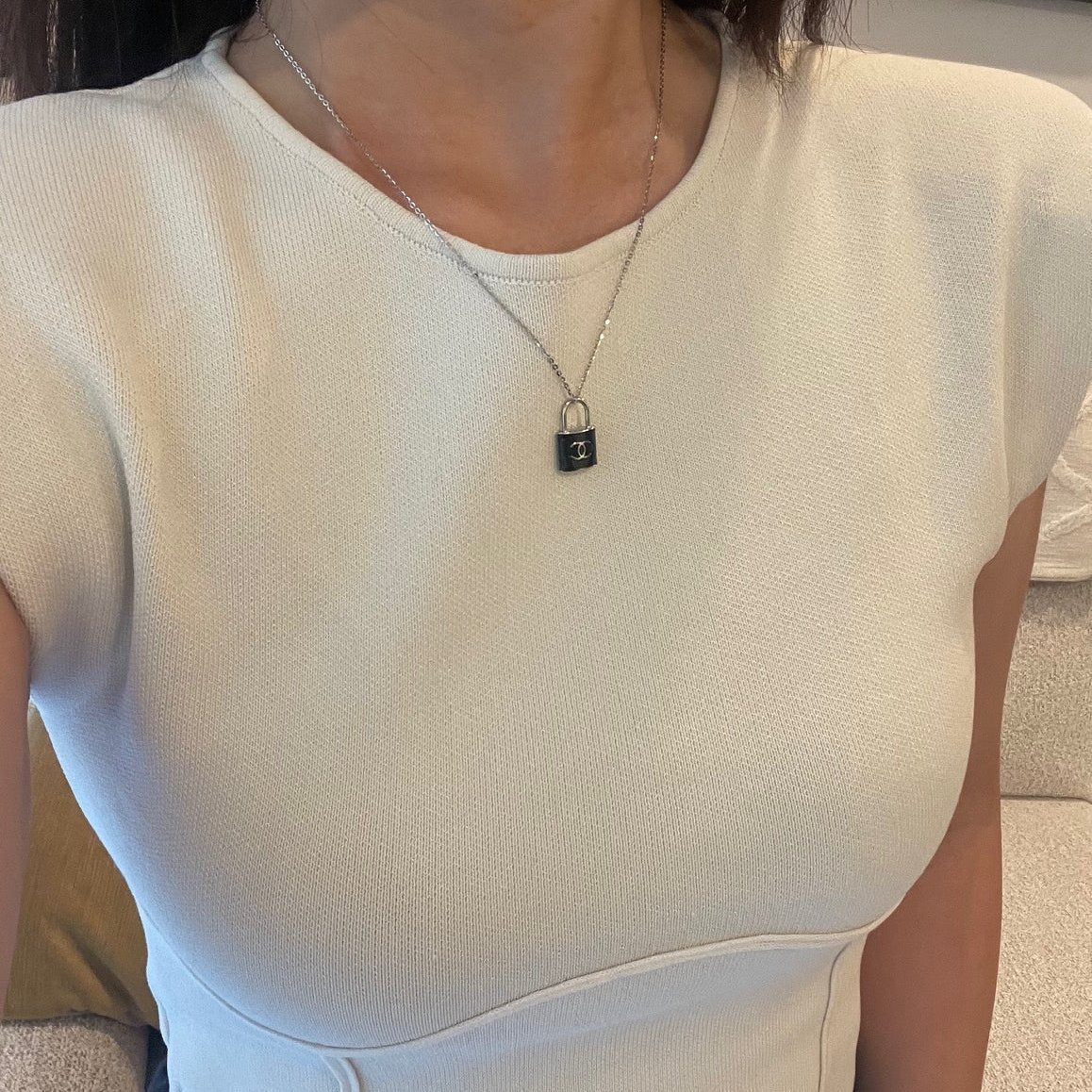 Repurposed Authentic Designer Button Rhodium Plated Necklace