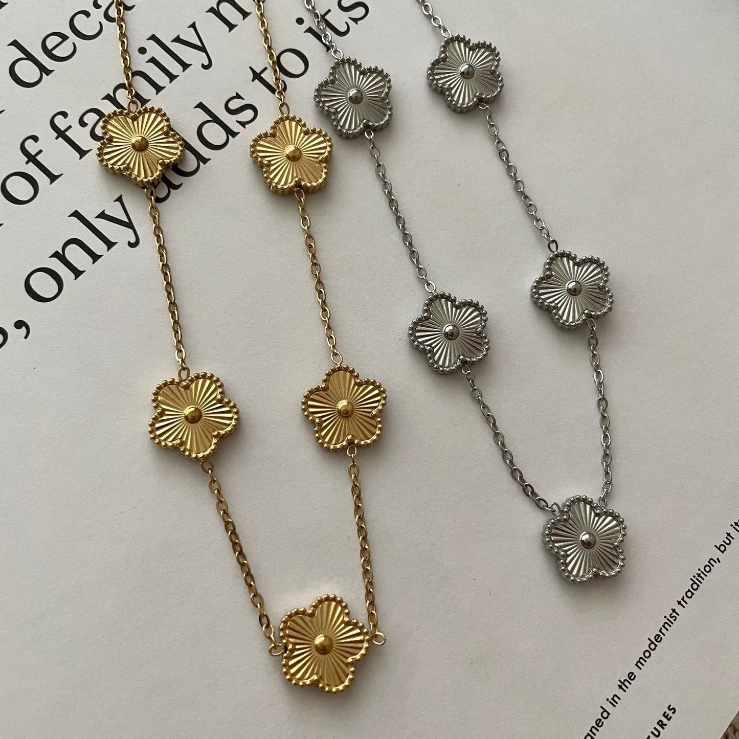18K Gold and Silver Stainless Steel Adjustable Clover Flower Necklace