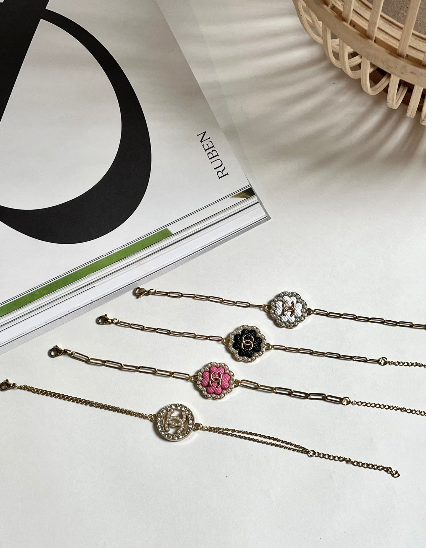 Repurposed Authentic Designer Charm Gold Plated Bracelet, Pink Clover