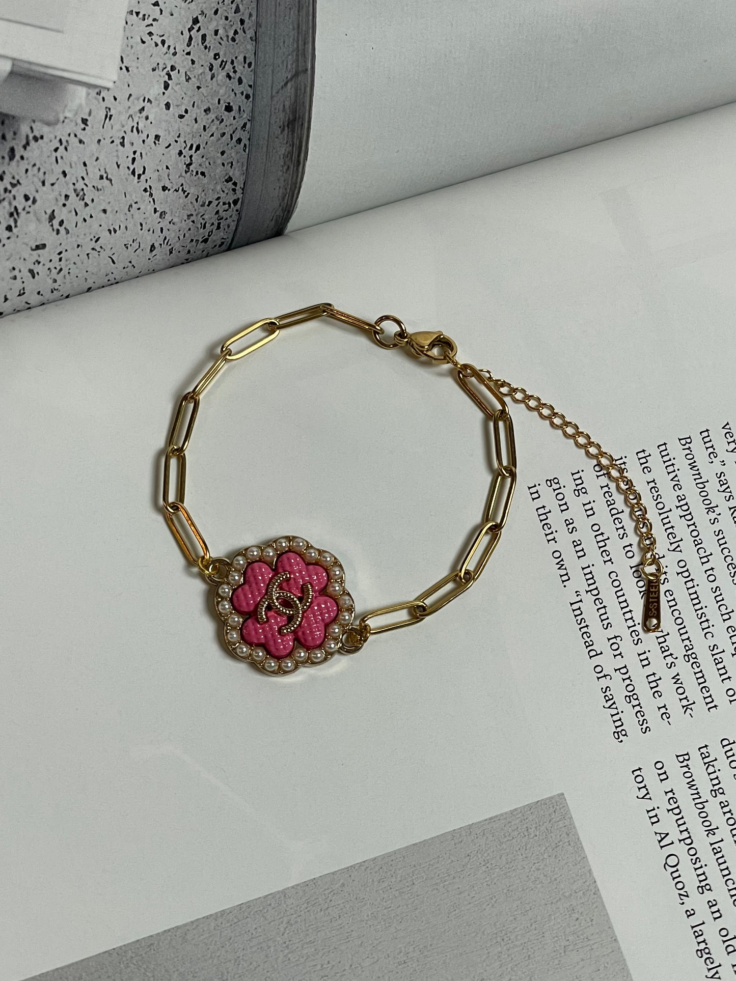 Repurposed Authentic Designer Charm Gold Plated Bracelet, Pink Clover