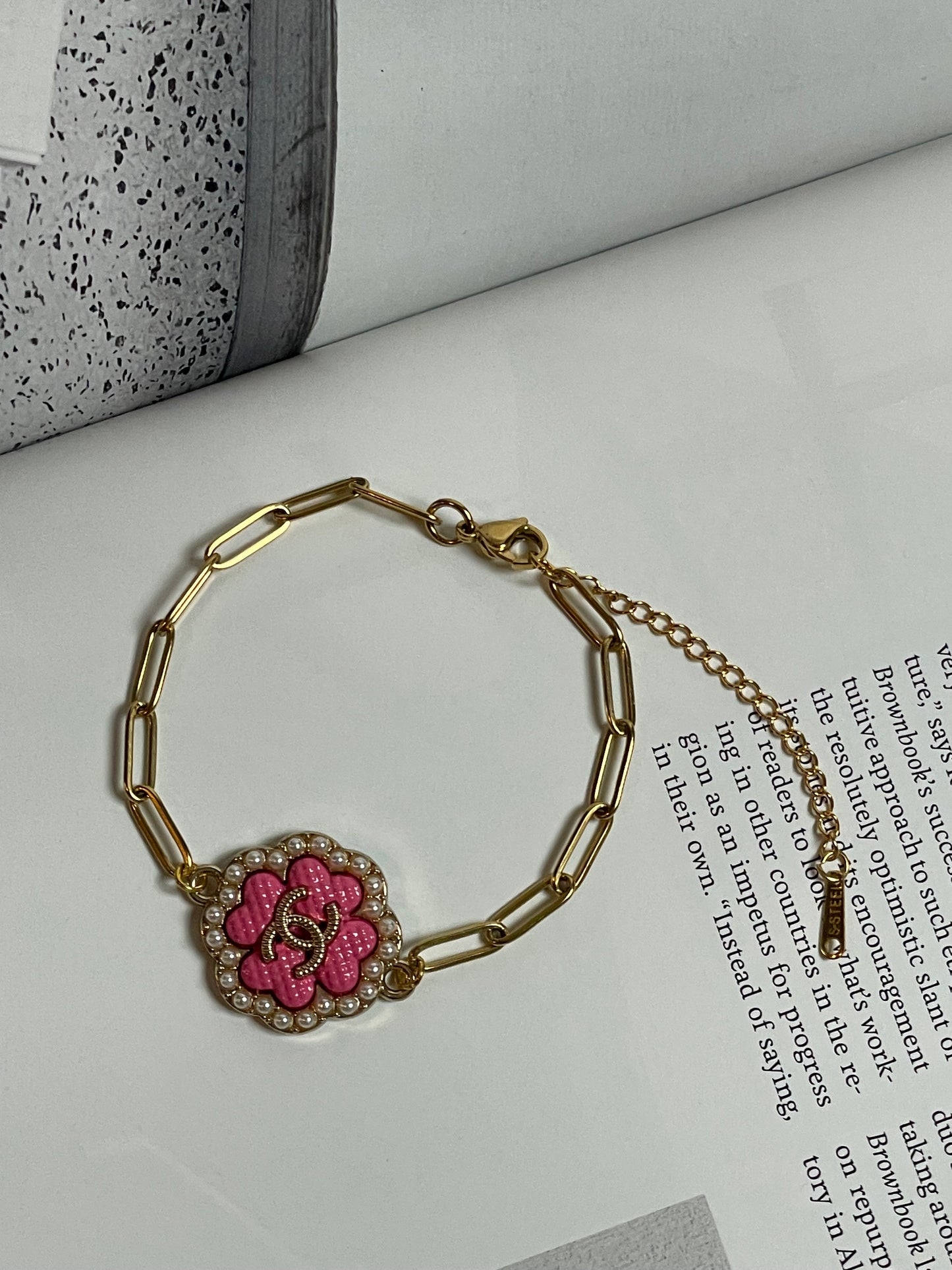 Repurposed Authentic Designer Charm Gold Plated Bracelet, Pink Clover