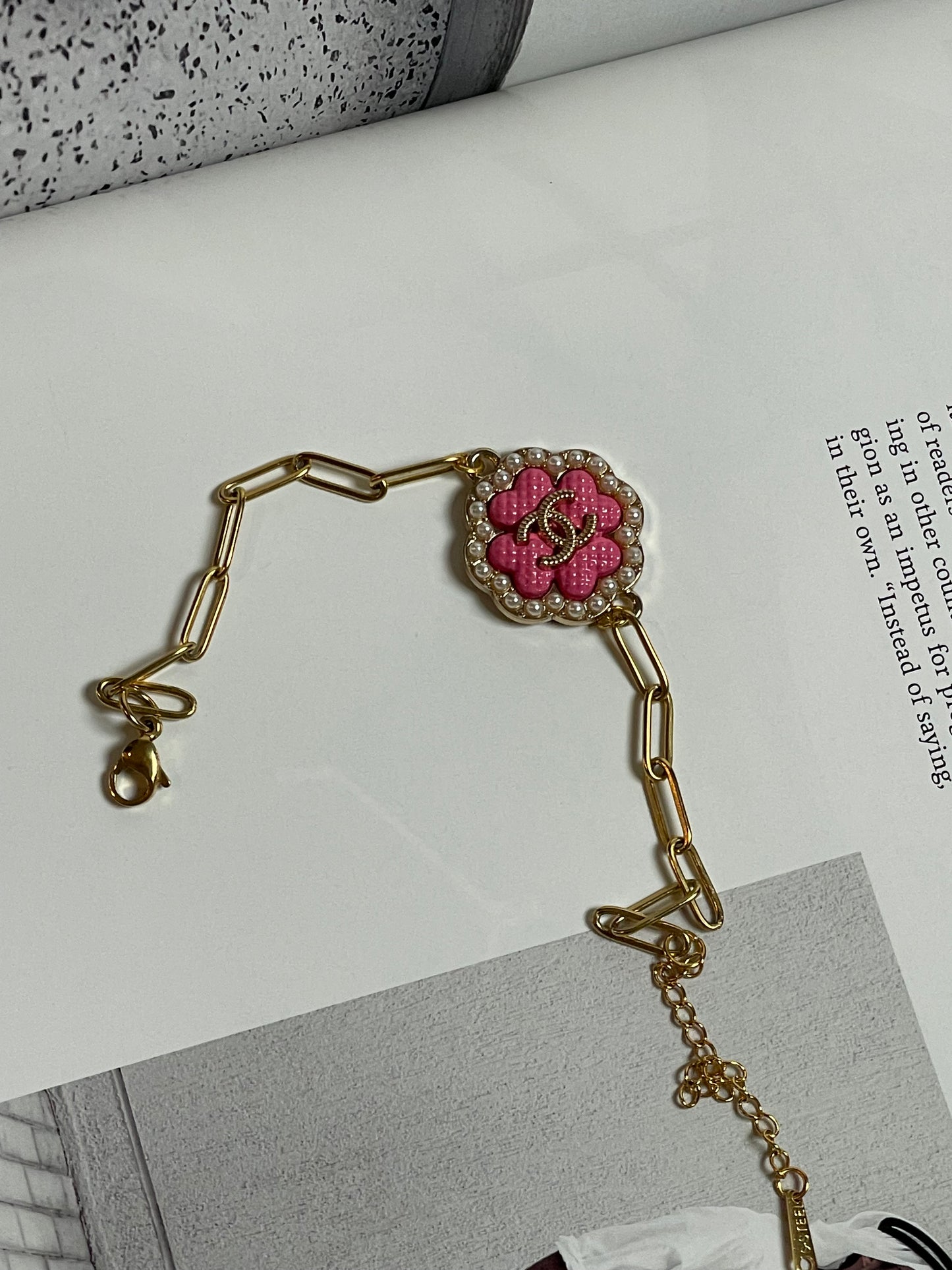 Repurposed Authentic Designer Charm Gold Plated Bracelet, Pink Clover