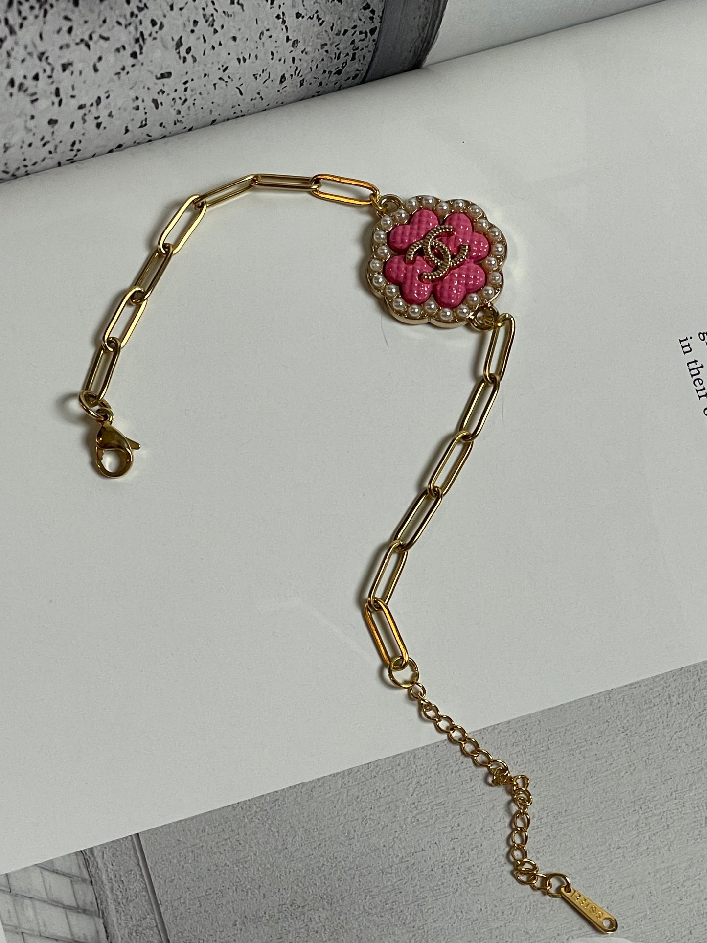 Repurposed Authentic Designer Charm Gold Plated Bracelet, Pink Clover