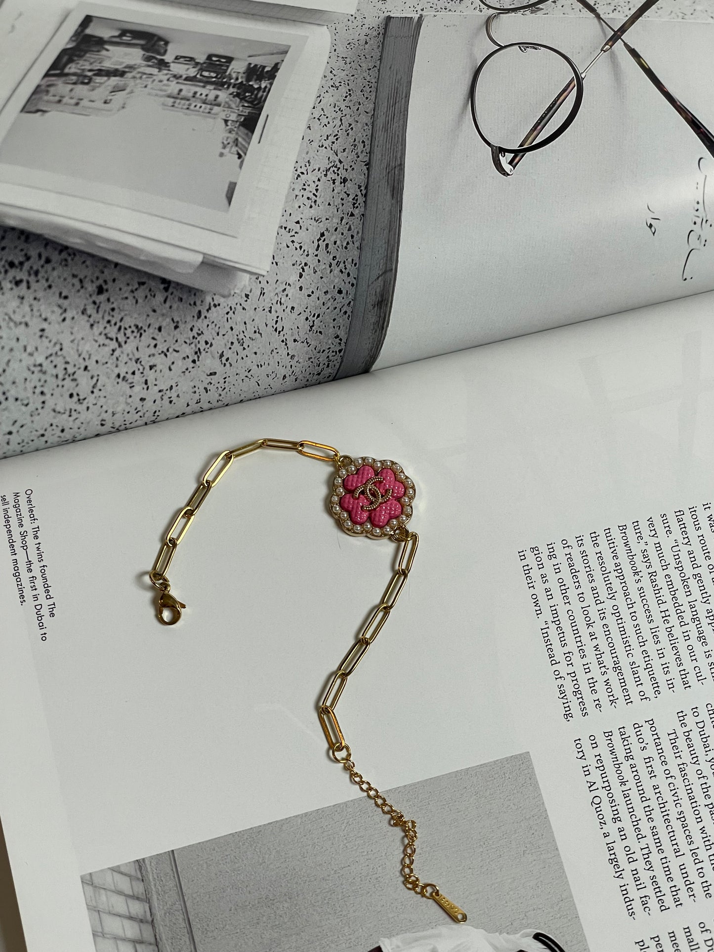 Repurposed Authentic Designer Charm Gold Plated Bracelet, Pink Clover