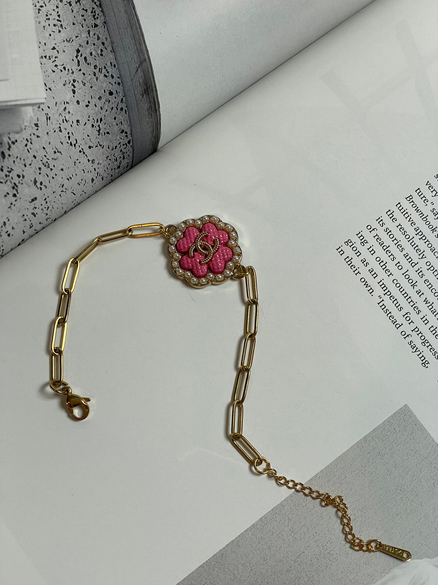Repurposed Authentic Designer Charm Gold Plated Bracelet, Pink Clover