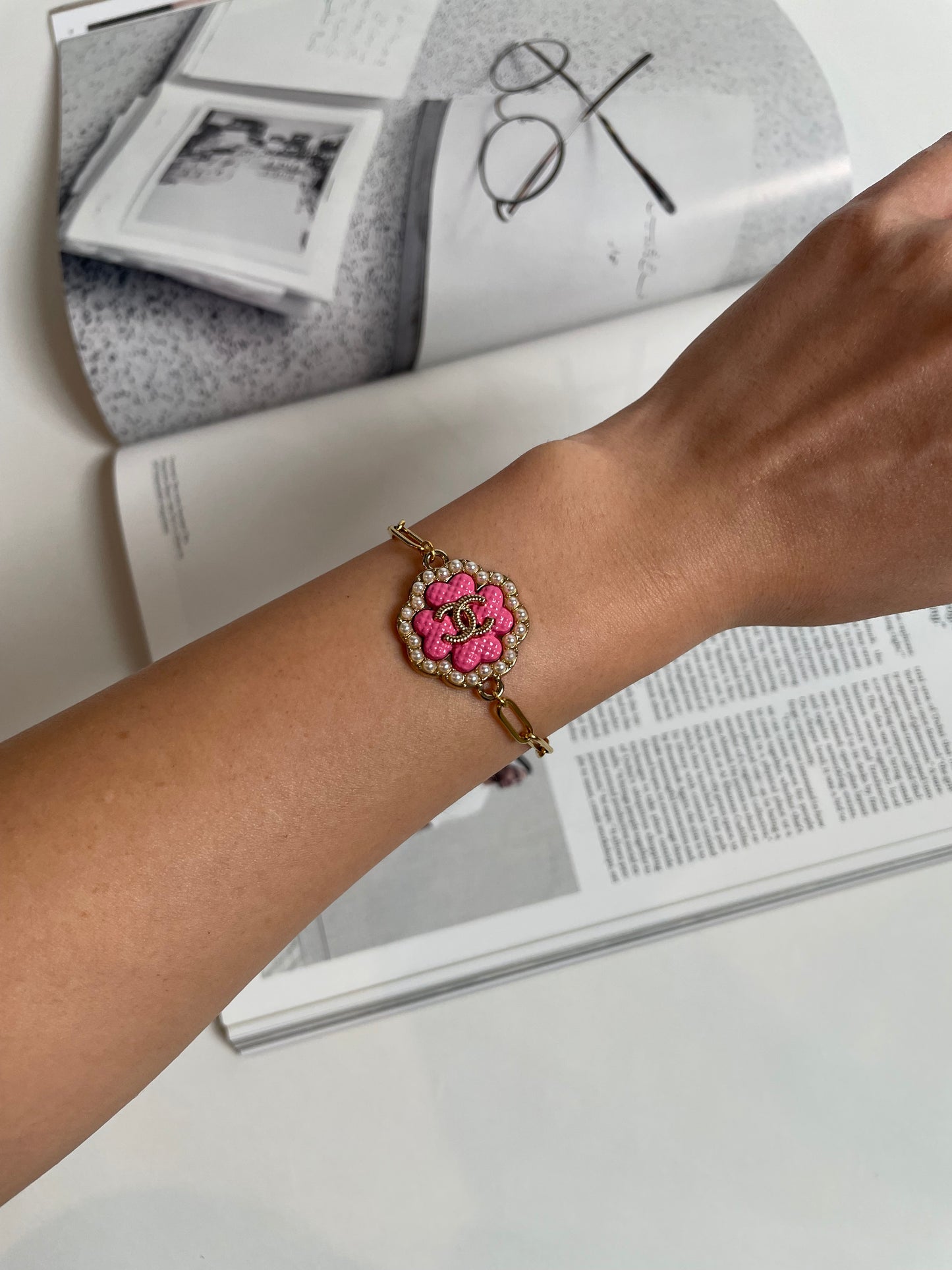 Repurposed Authentic Designer Charm Gold Plated Bracelet, Pink Clover