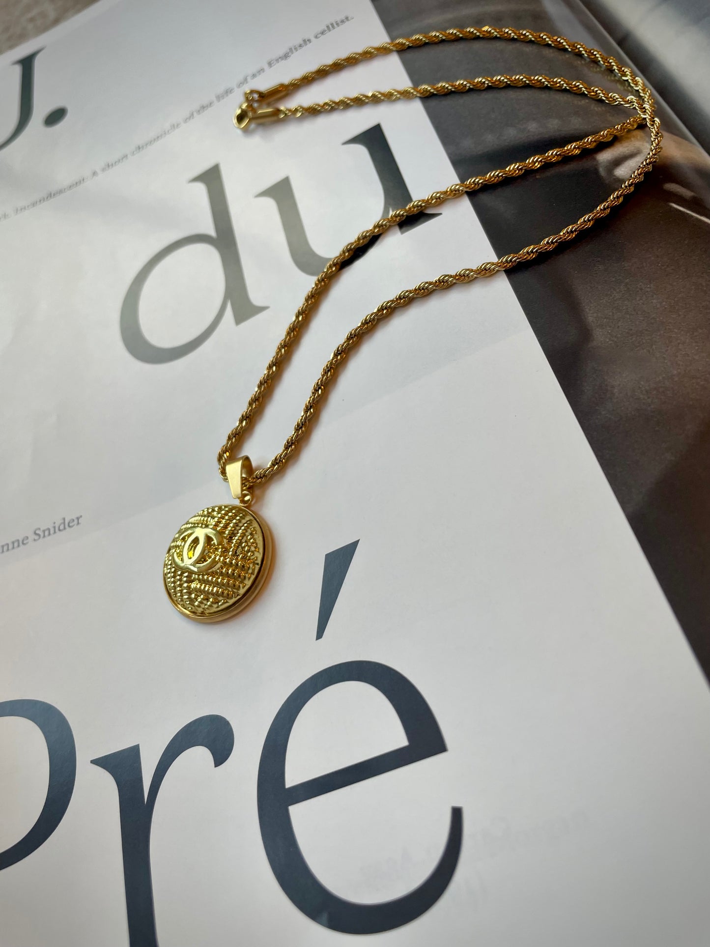 Repurposed Authentic Designer Button Gold Plated Necklace