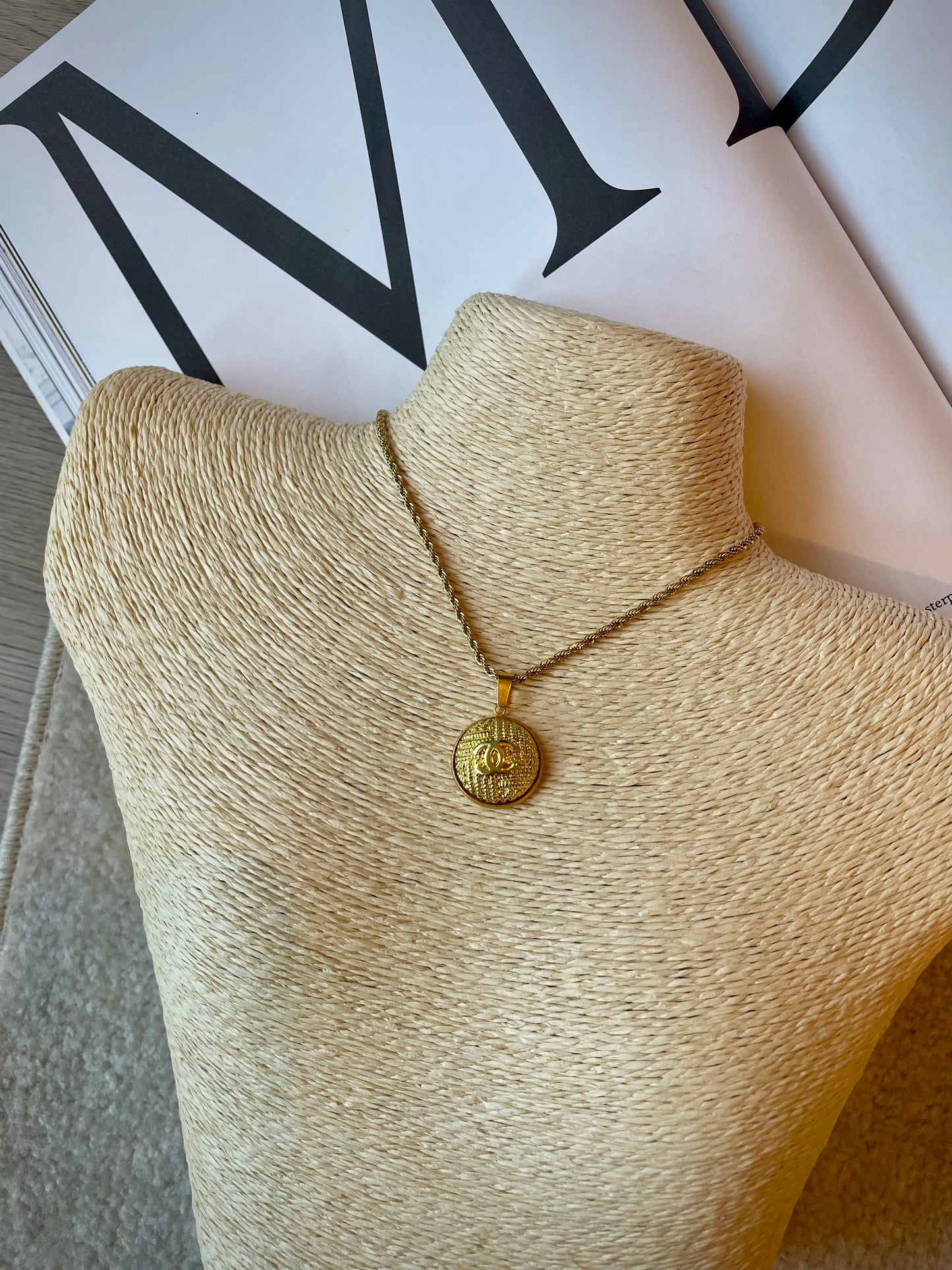 Repurposed Authentic Designer Button Gold Plated Necklace