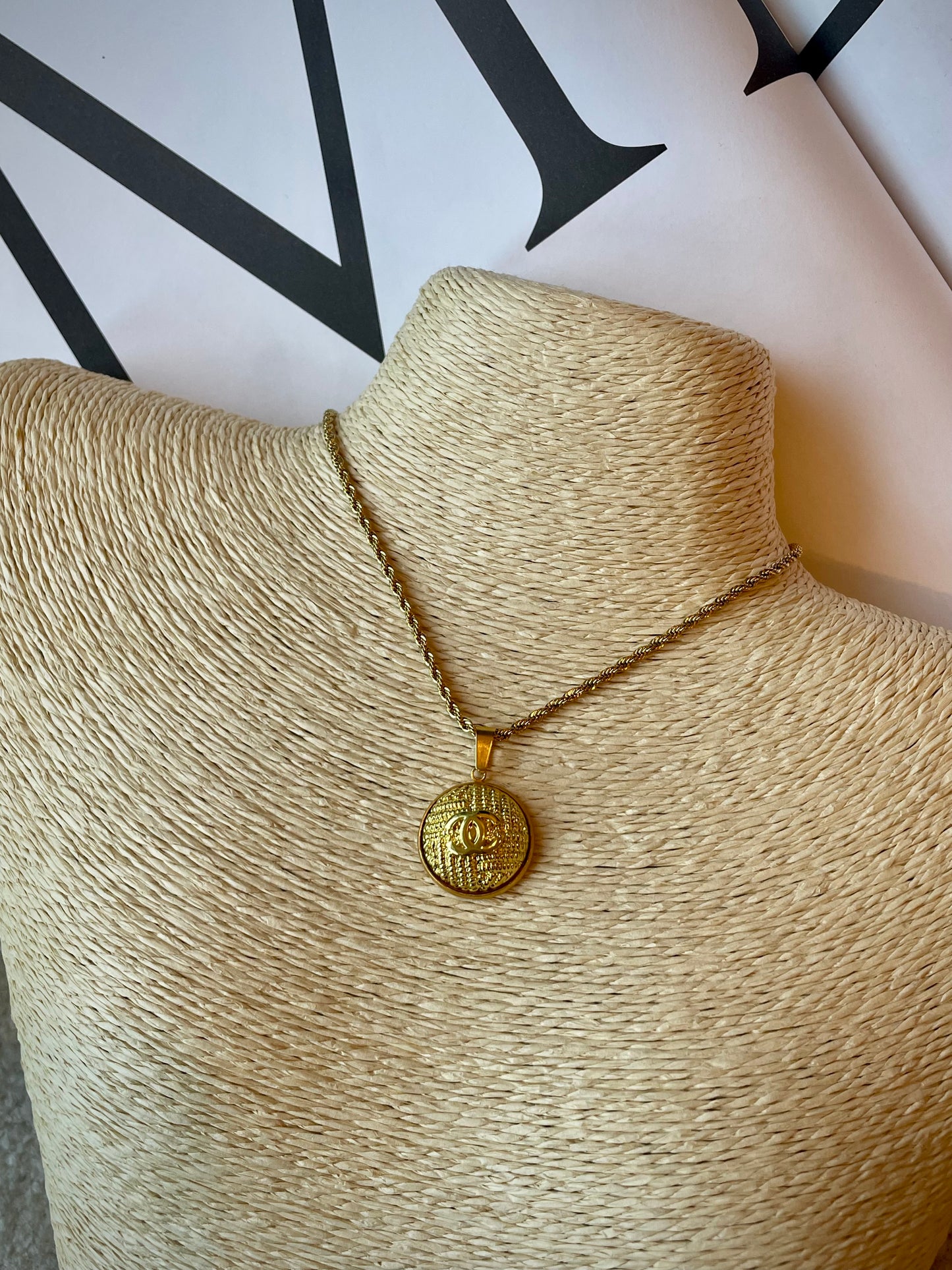 Repurposed Authentic Designer Button Gold Plated Necklace