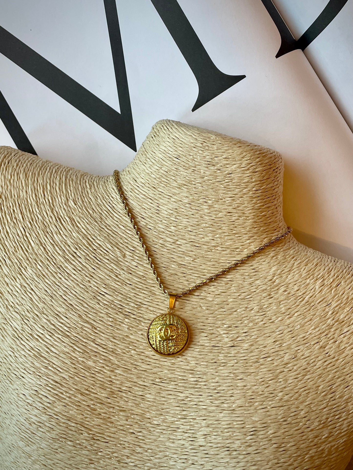Repurposed Authentic Designer Button Gold Plated Necklace