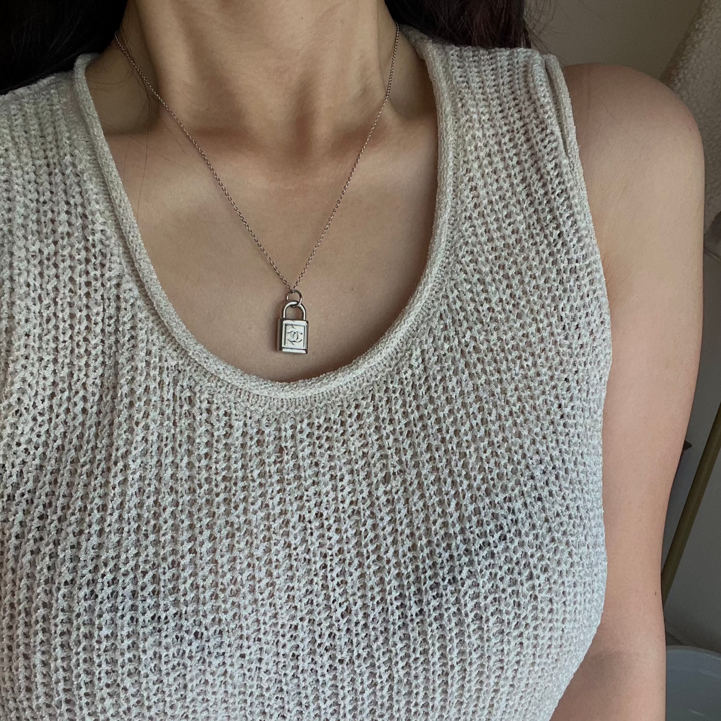 Repurposed Authentic Designer Button Rhodium Necklace