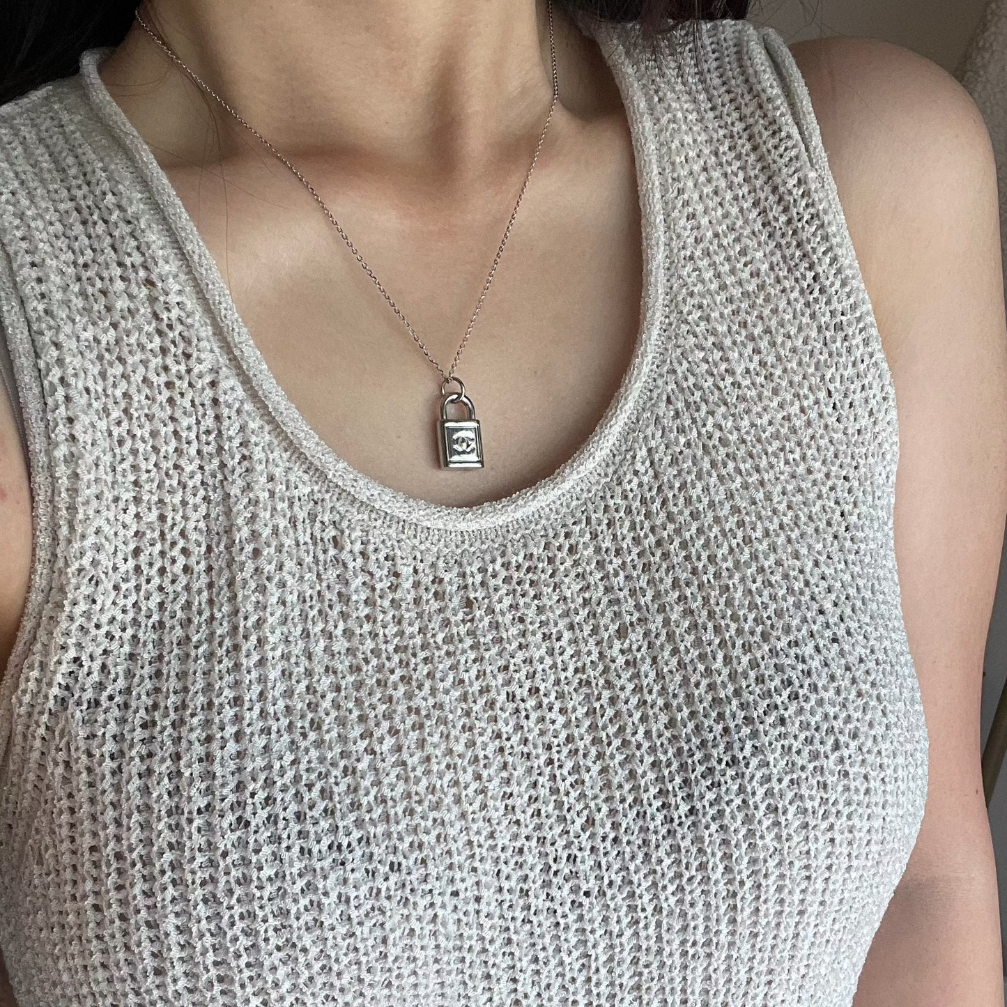 Repurposed Authentic Designer Button Rhodium Necklace