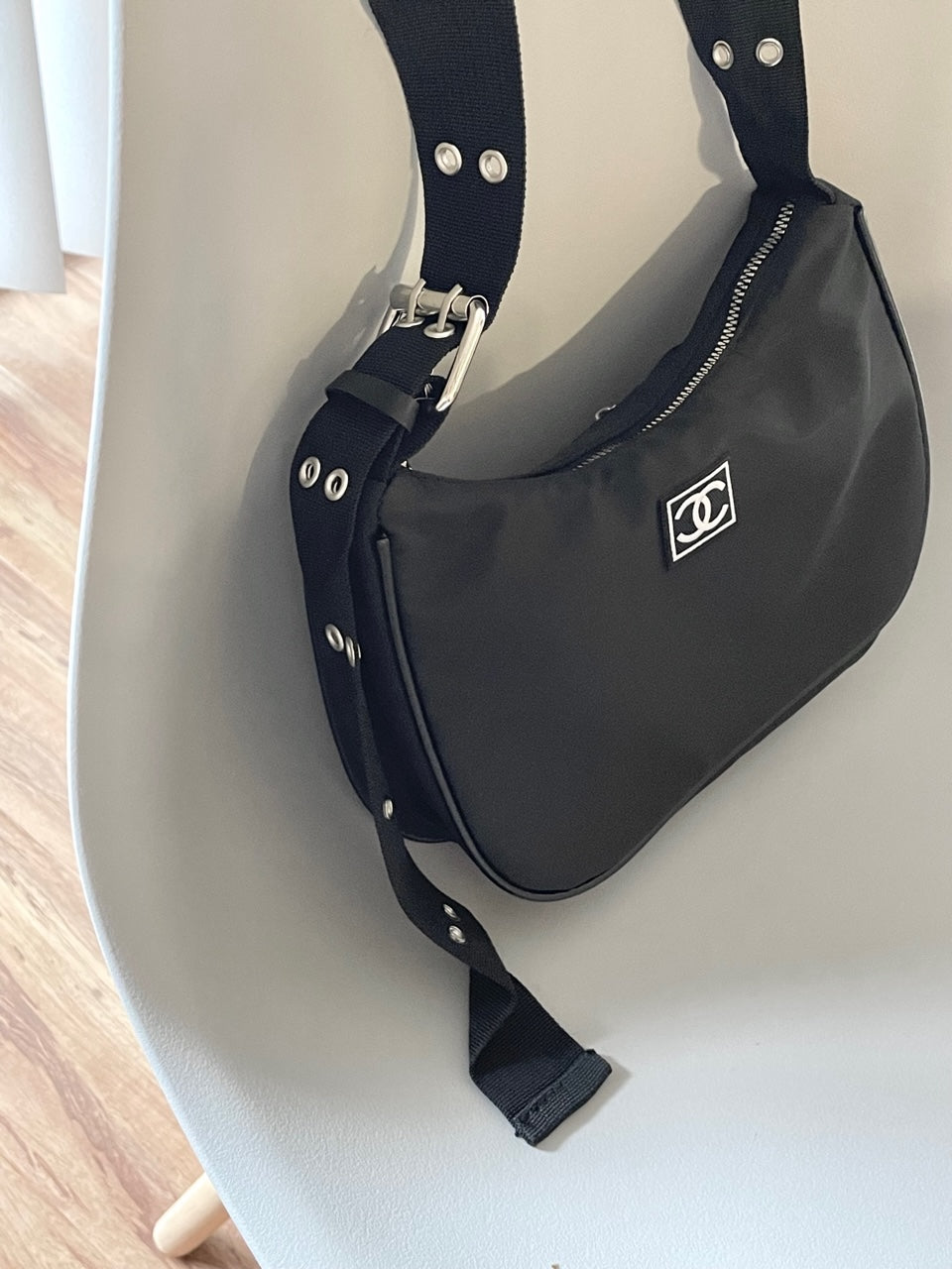 Reworked Nylon Shoulder Purse, Embroidered Crossbody Purse, CC Purse