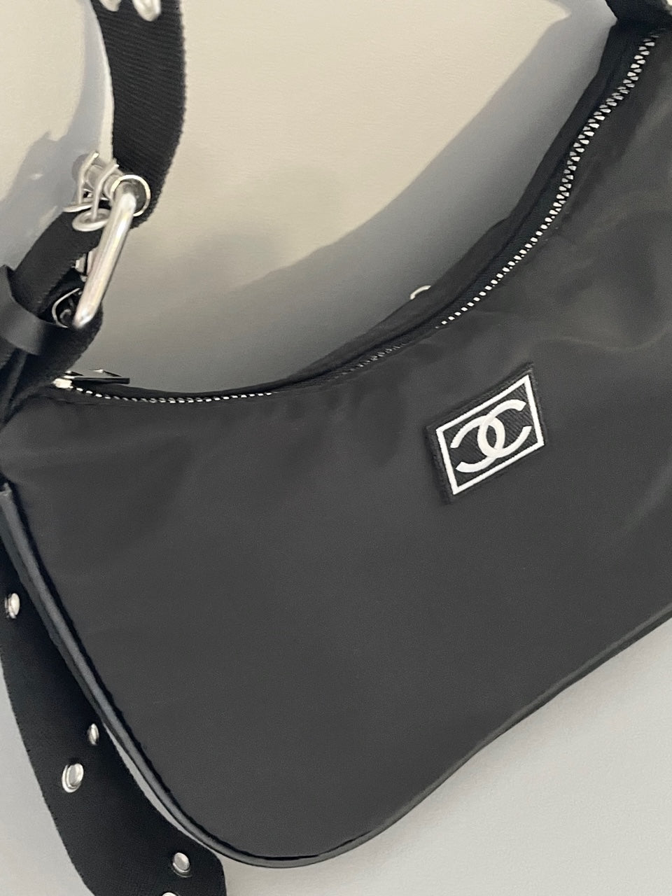 Reworked Nylon Shoulder Purse, Embroidered Crossbody Purse, CC Purse