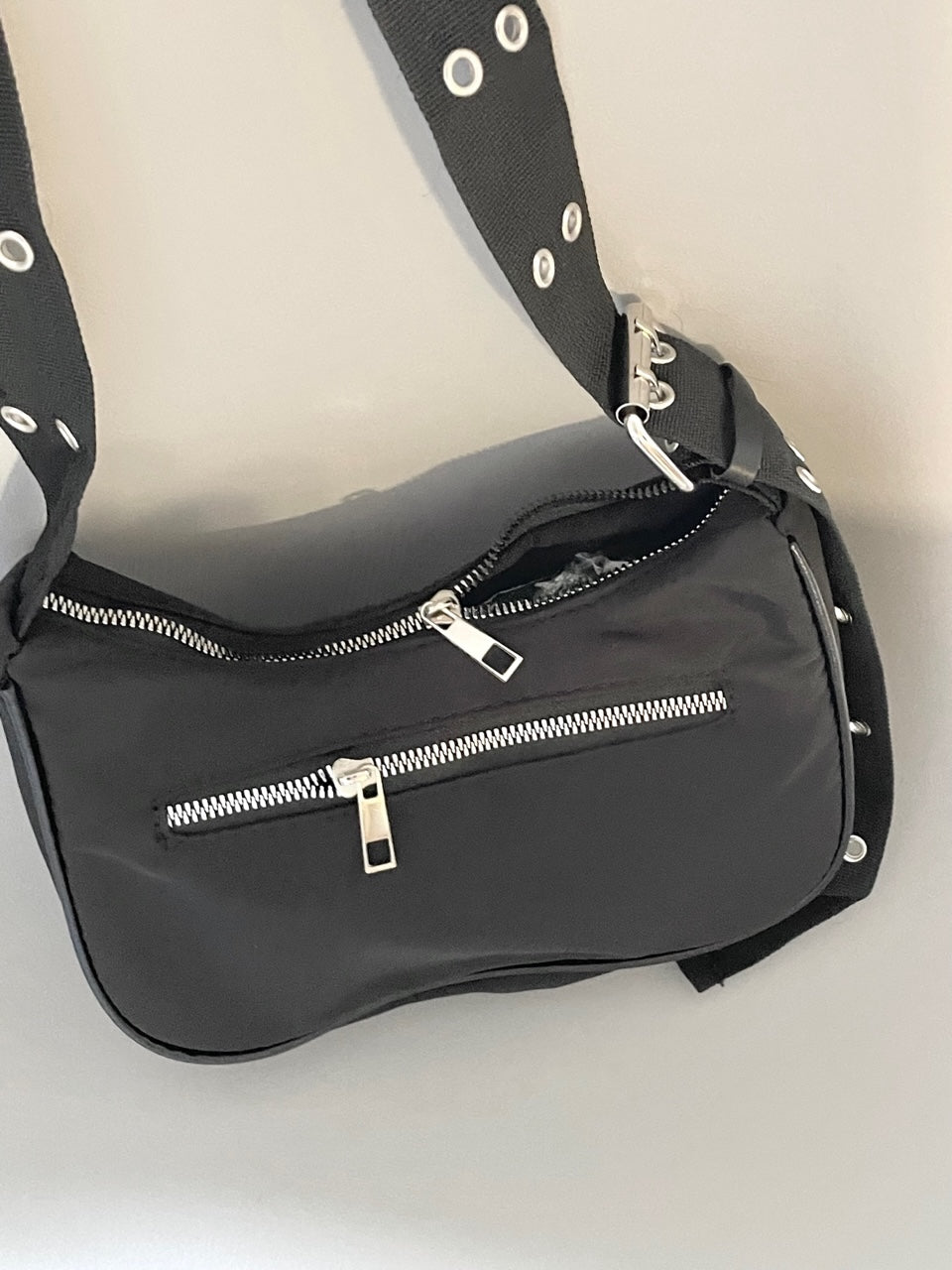 Reworked Nylon Shoulder Purse, Embroidered Crossbody Purse, CC Purse