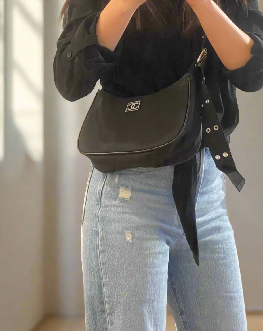 Reworked Nylon Shoulder Purse, Embroidered Crossbody Purse, CC Purse