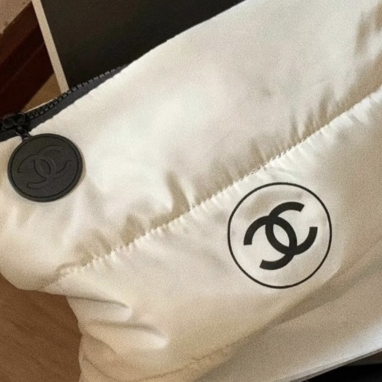 Chanel Beaute Puffy Nylon Cloud Makeup Cosmetic Pouch Clutch Beige
