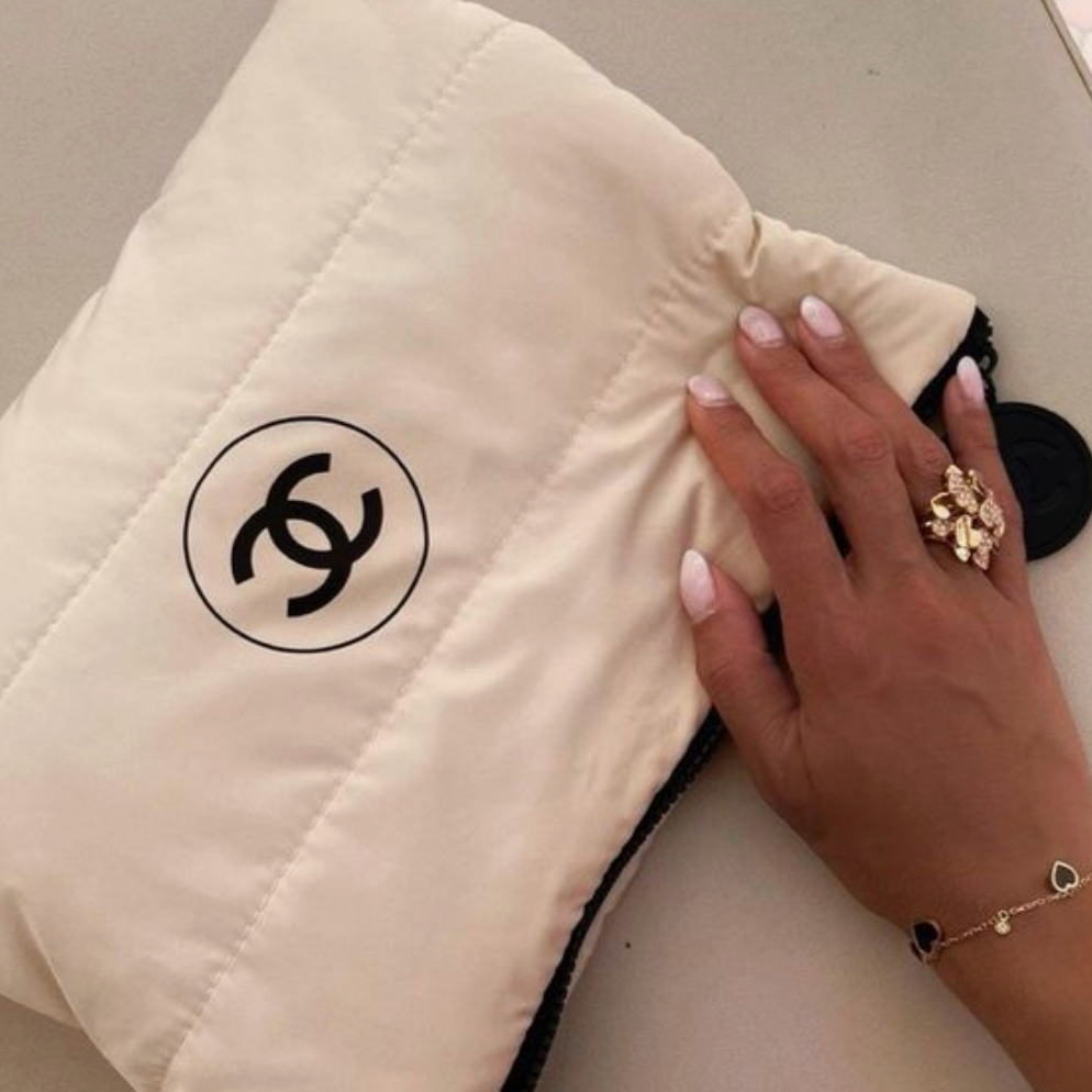 Chanel Beaute Puffy Nylon Cloud Makeup Cosmetic Pouch Clutch Beige