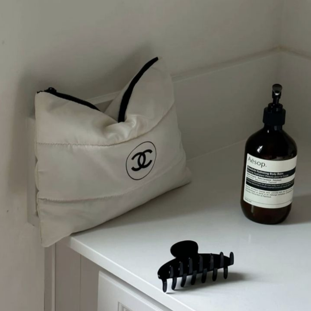 Chanel Beaute Puffy Nylon Cloud Makeup Cosmetic Pouch Clutch Beige