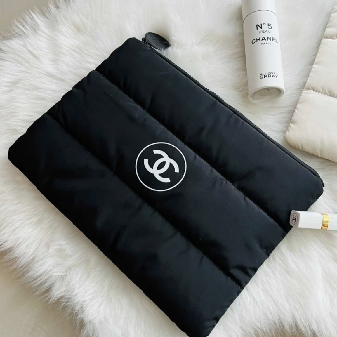 Chanel Beaute Puffy Nylon Cloud Makeup Cosmetic Pouch Clutch Black