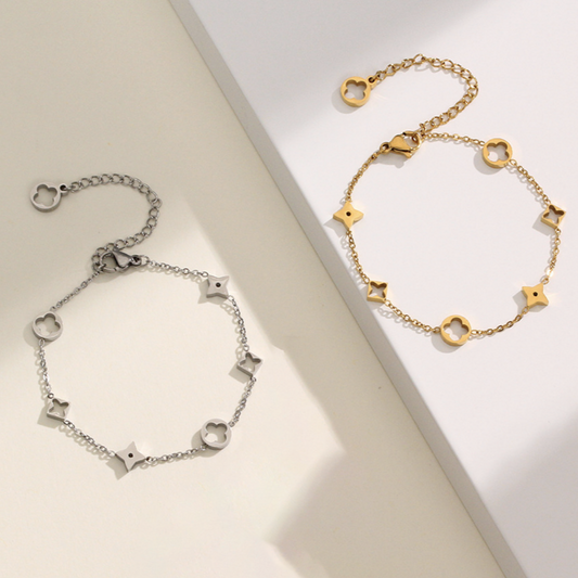 18K Gold and Silver Stainless Steel Flower Four Leaf Clover Bracelet