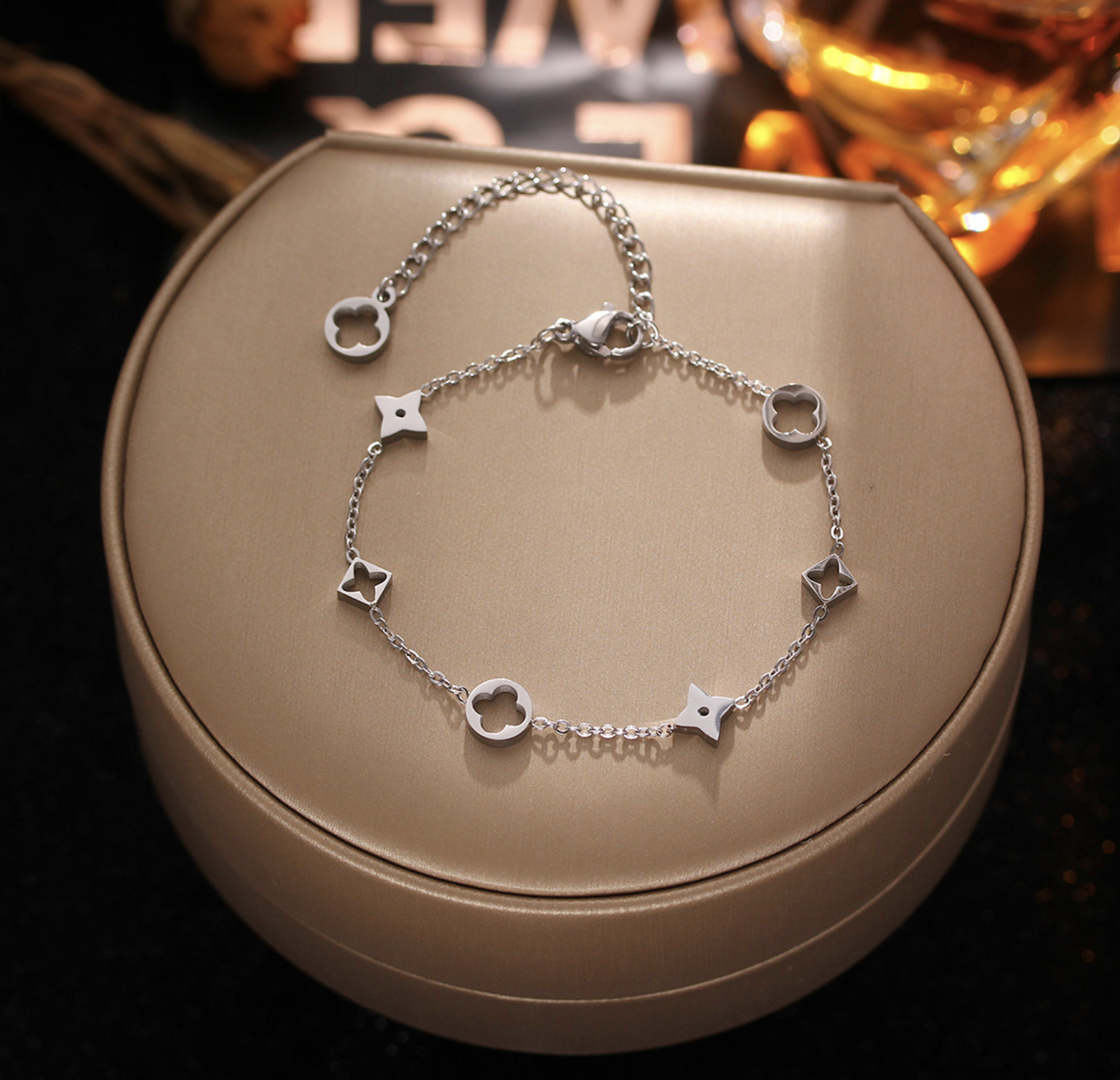18K Gold and Silver Stainless Steel Flower Four Leaf Clover Bracelet