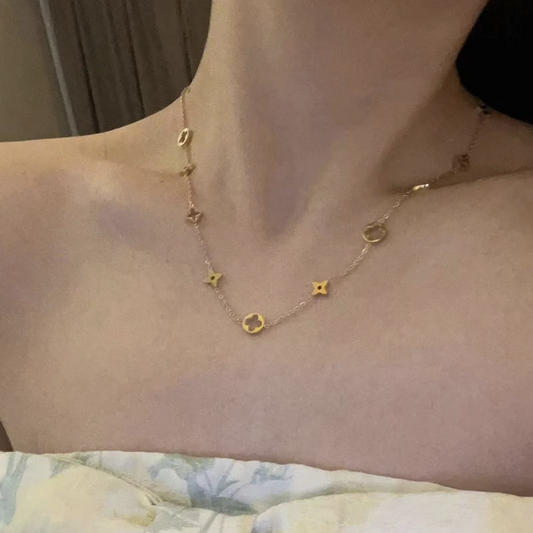 18K Gold and Silver Stainless Steel Flower Four Leaf Clover Necklace