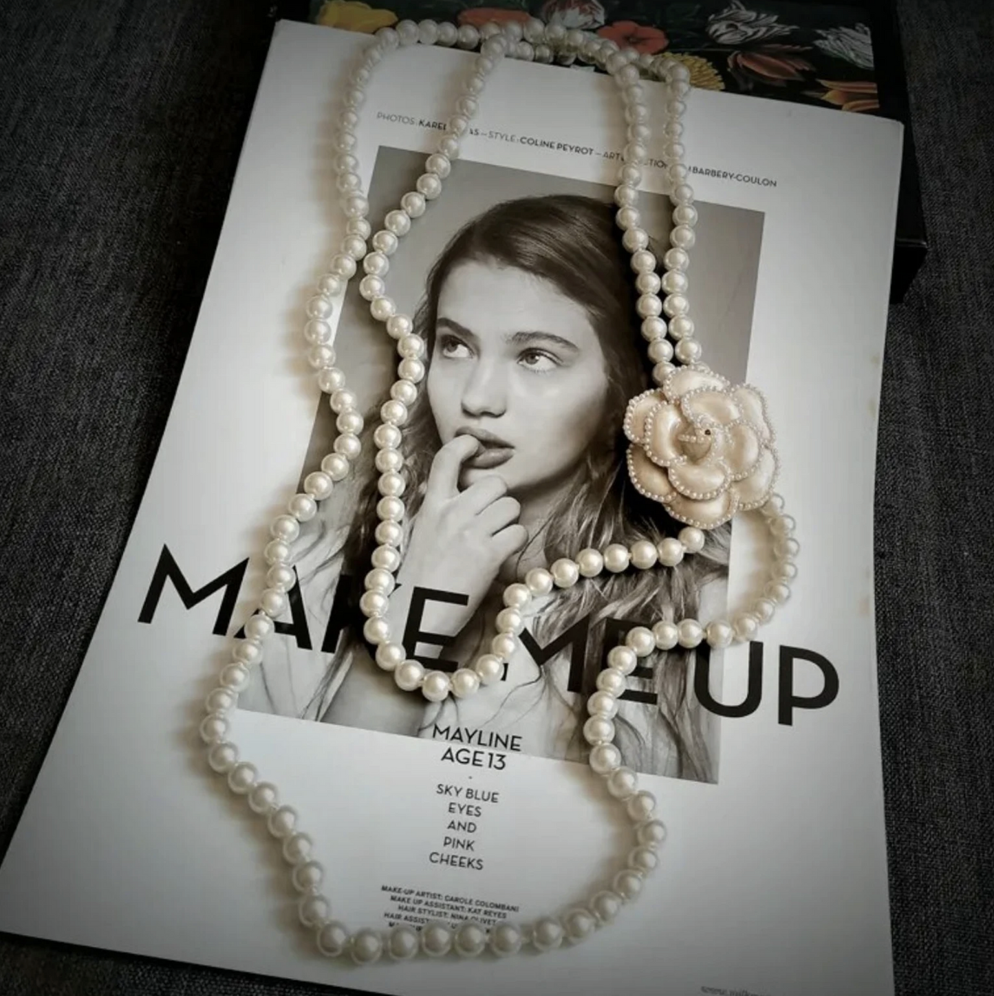 Double Layered Pearl Chain Necklace, Camellia Flower Pearl Long Necklace
