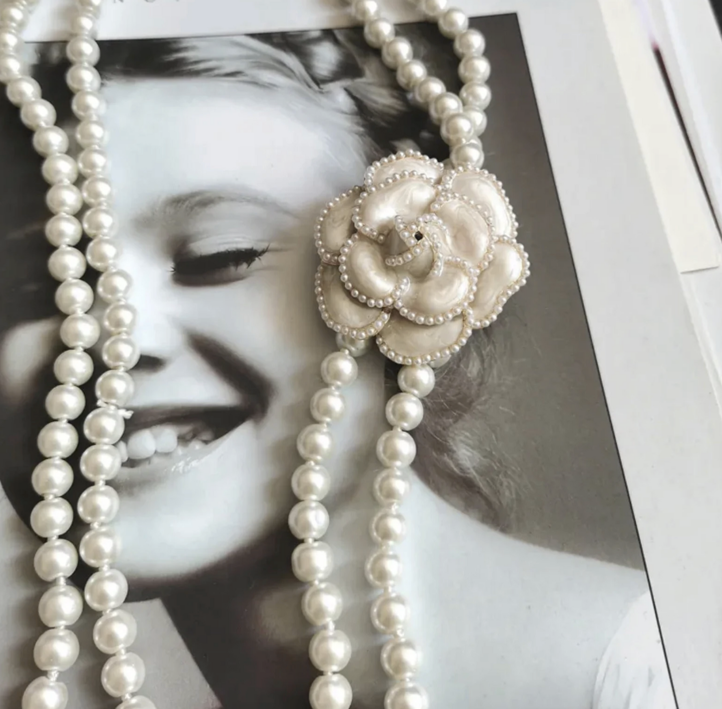 Double Layered Pearl Chain Necklace, Camellia Flower Pearl Long Necklace