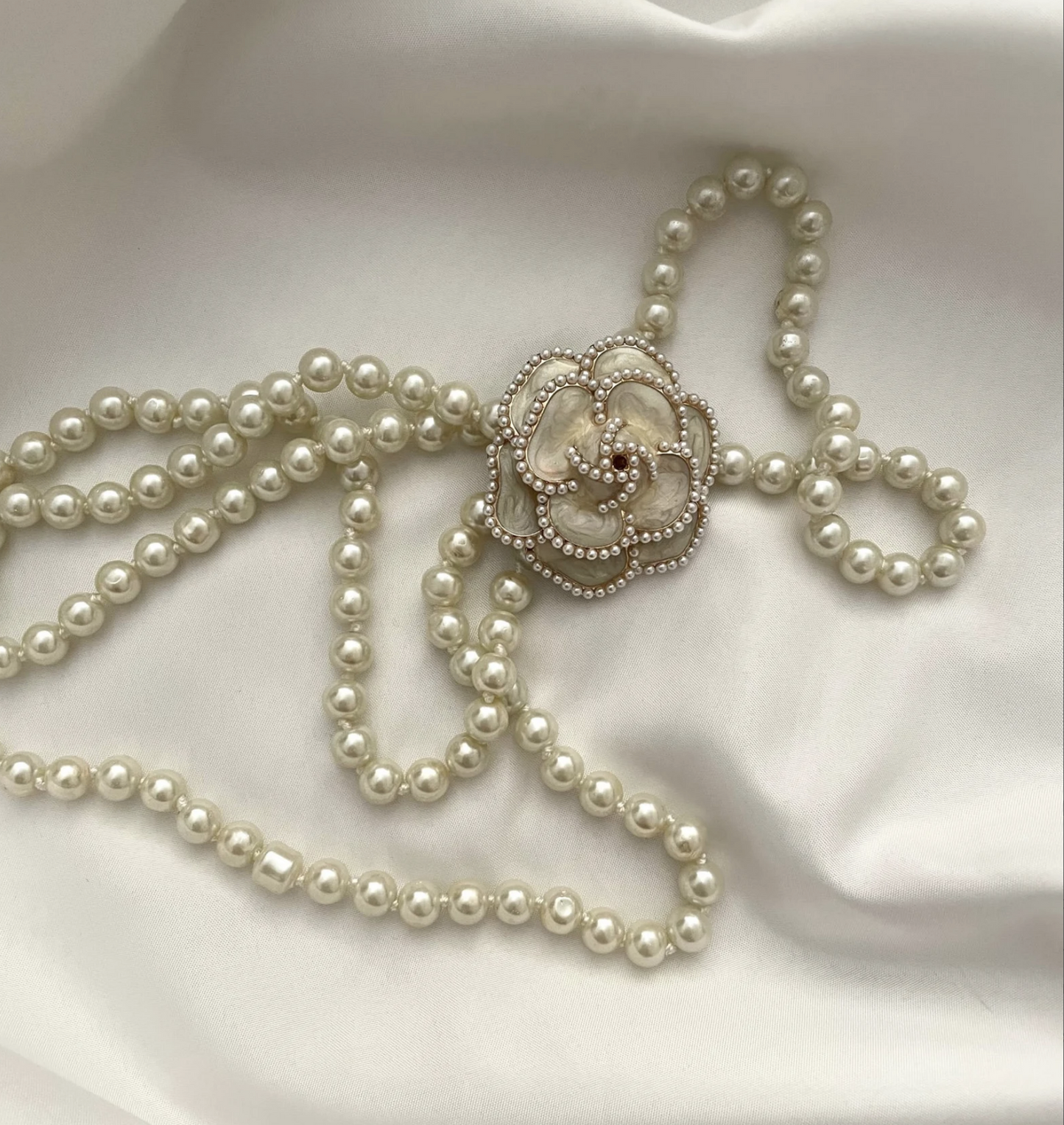 Double Layered Pearl Chain Necklace, Camellia Flower Pearl Long Necklace