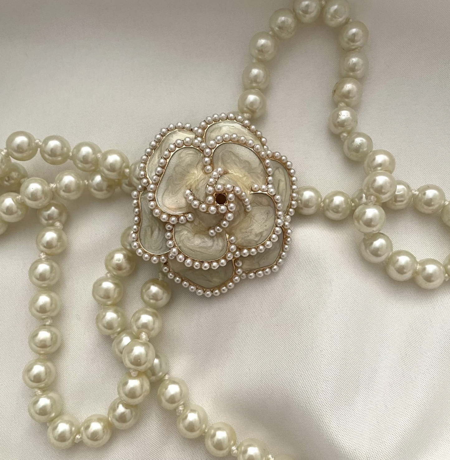 Double Layered Pearl Chain Necklace, Camellia Flower Pearl Long Necklace
