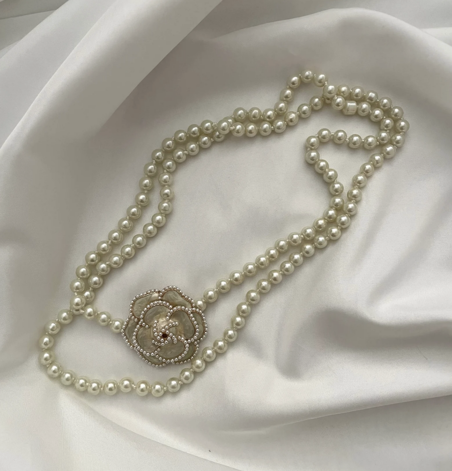 Double Layered Pearl Chain Necklace, Camellia Flower Pearl Long Necklace