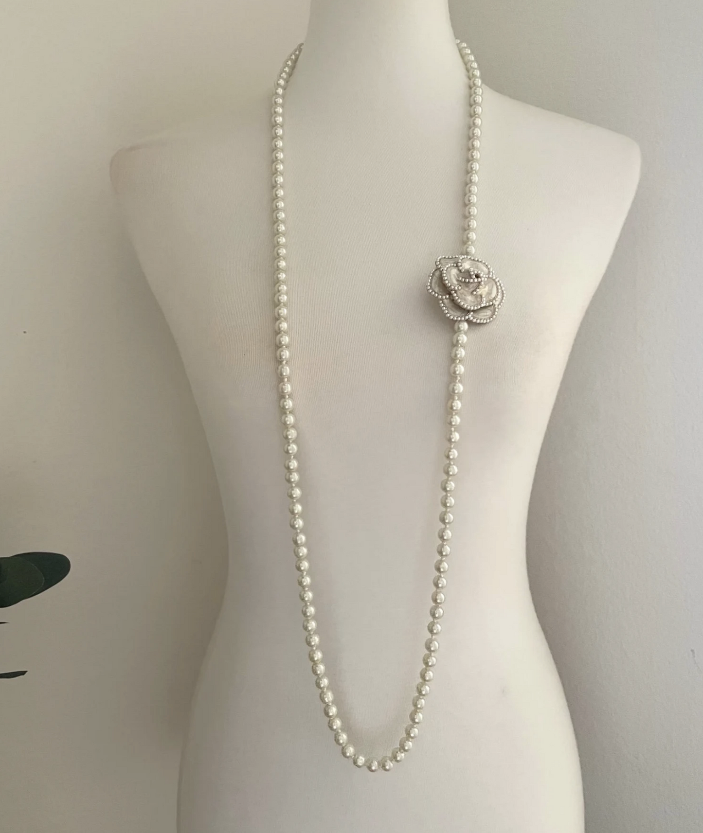 Double Layered Pearl Chain Necklace, Camellia Flower Pearl Long Necklace