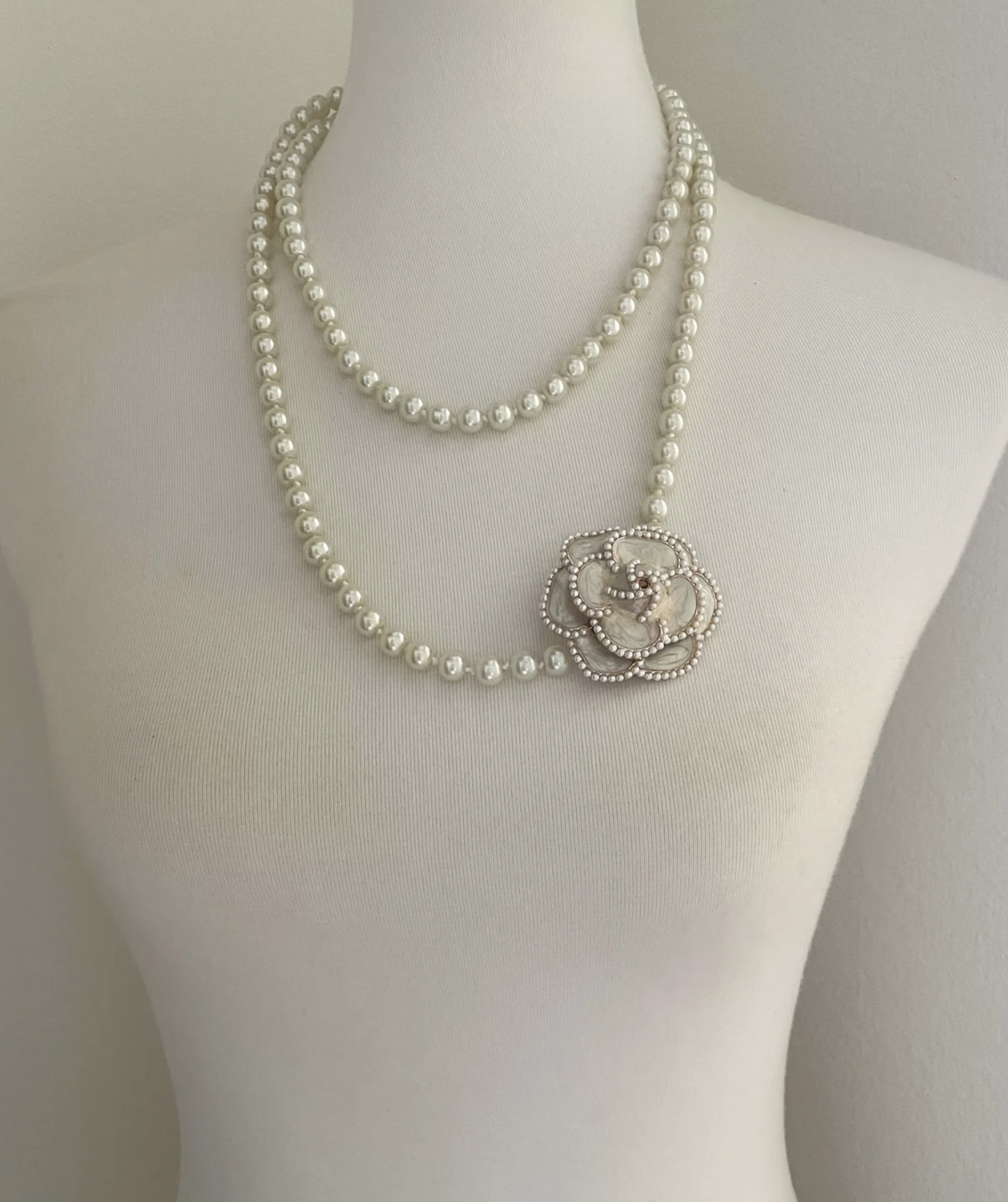 Double Layered Pearl Chain Necklace, Camellia Flower Pearl Long Necklace