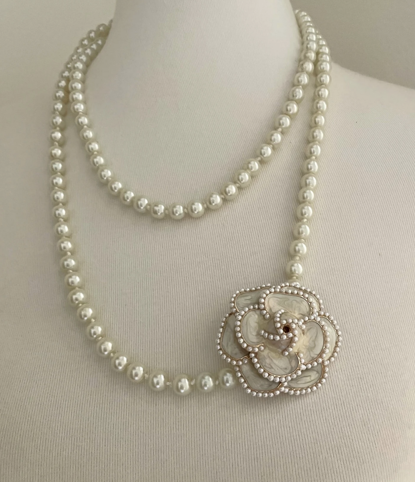 Double Layered Pearl Chain Necklace, Camellia Flower Pearl Long Necklace