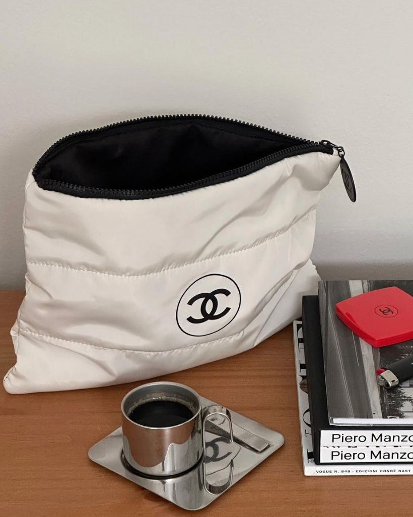 Chanel Beaute Puffy Nylon Cloud Makeup Cosmetic Pouch Clutch Beige