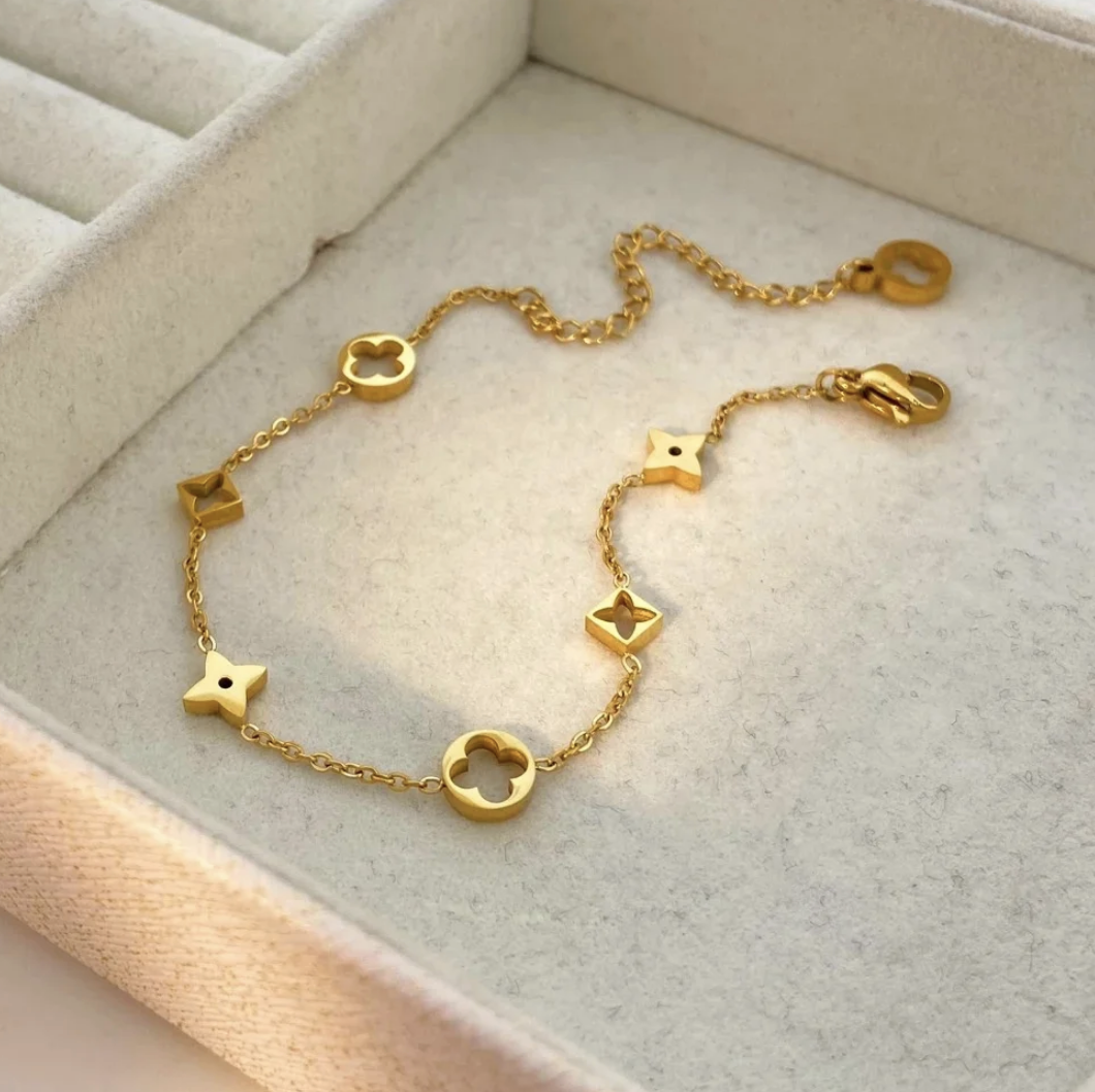 18K Gold and Silver Stainless Steel Flower Four Leaf Clover Bracelet