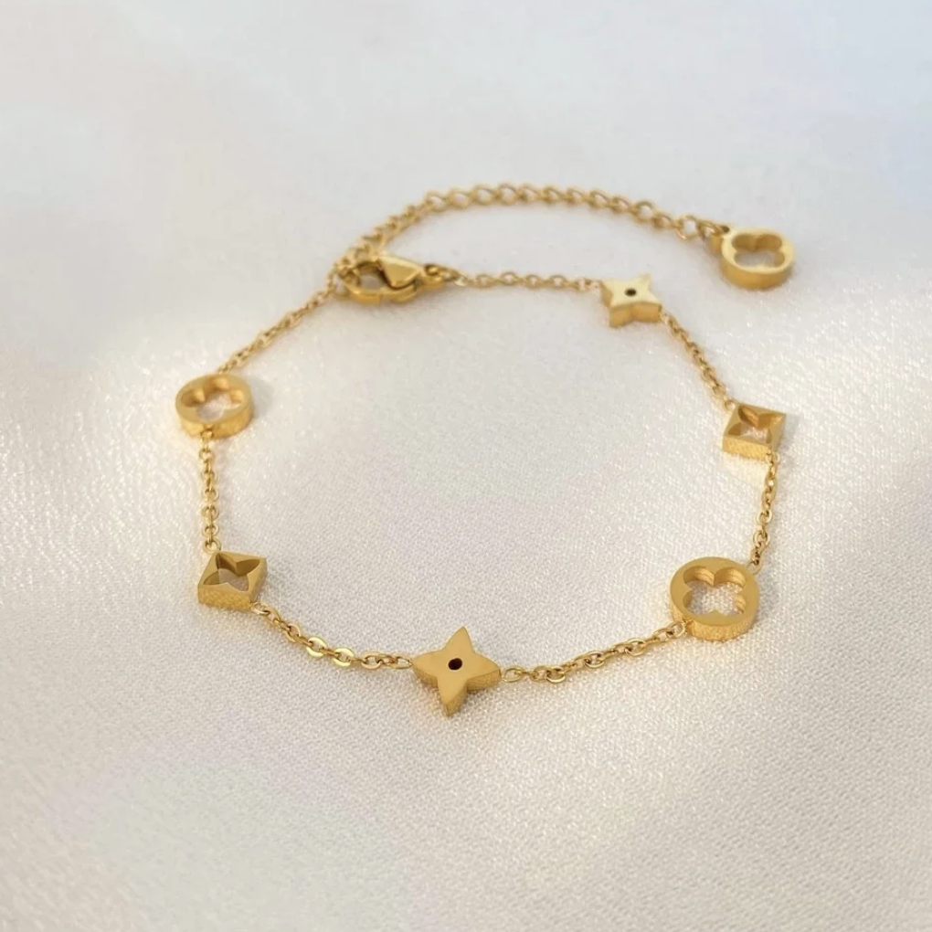 18K Gold and Silver Stainless Steel Flower Four Leaf Clover Bracelet