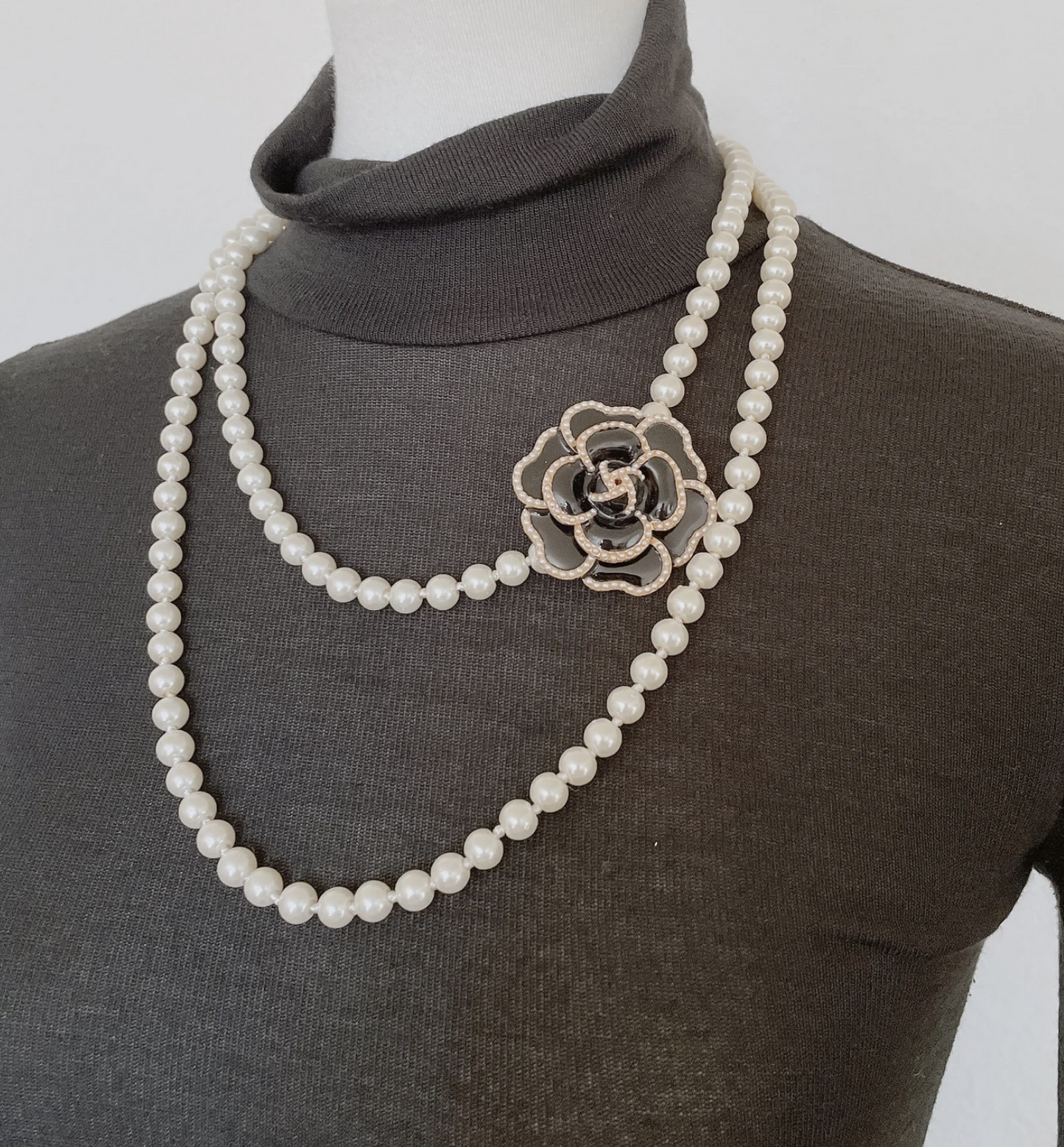 Double Layered Pearl Chain Necklace, Camellia Flower Pearl Long Necklace
